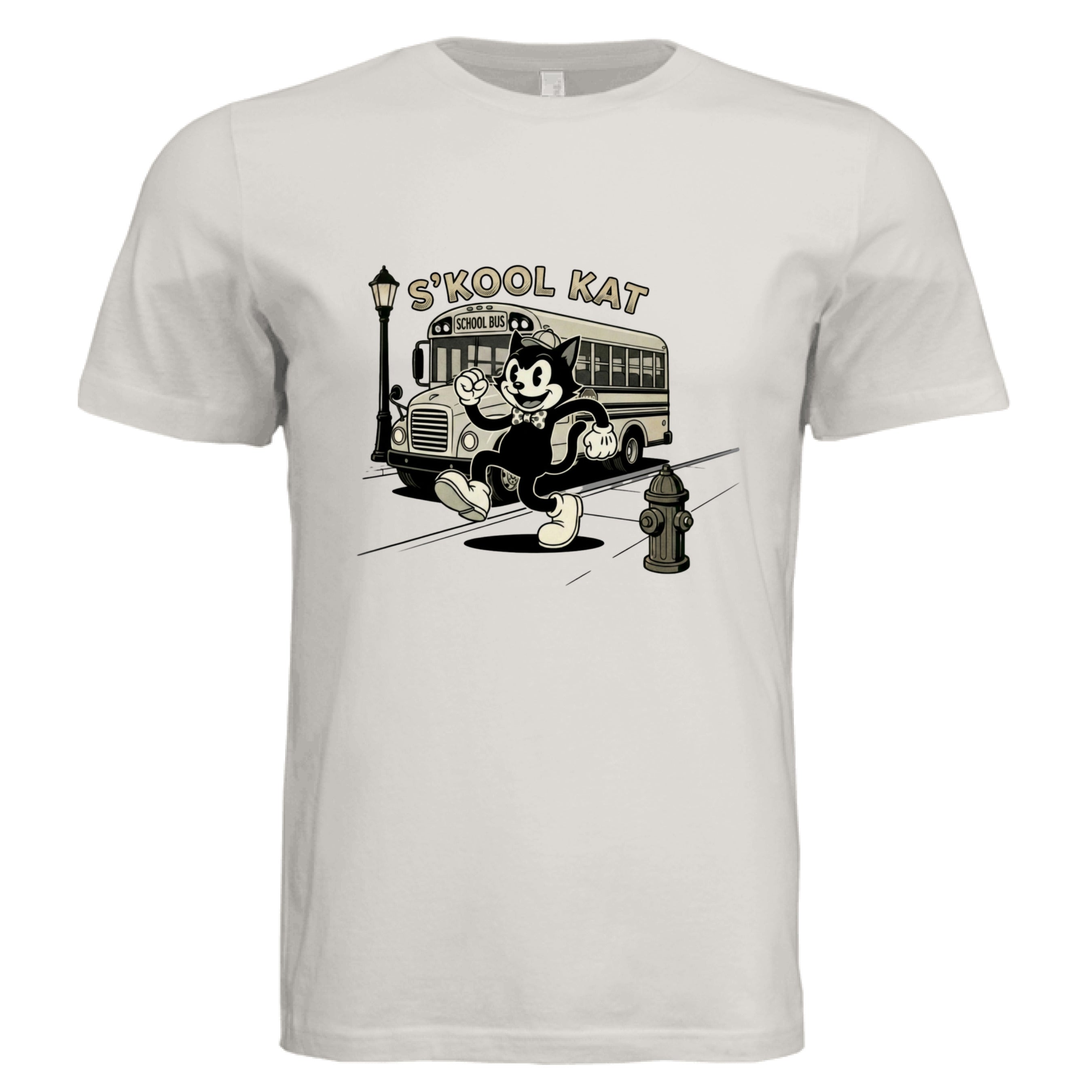 White t-shirt with a graphic of a cat , a school bus and the text 'S'Kool Kat'.