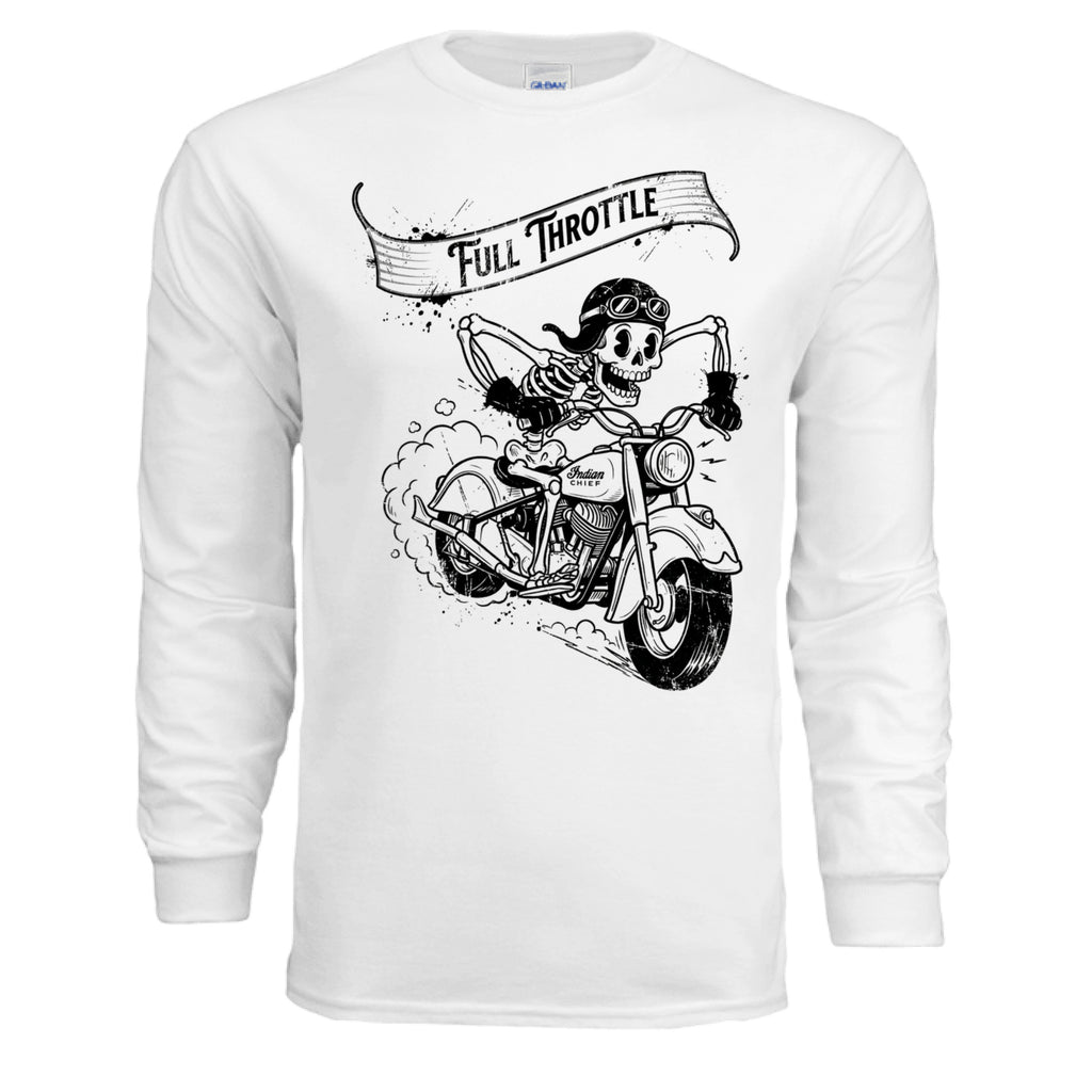 White long-sleeve shirt with a skeleton on a motorcycle graphic and 'Full Throttle' text.