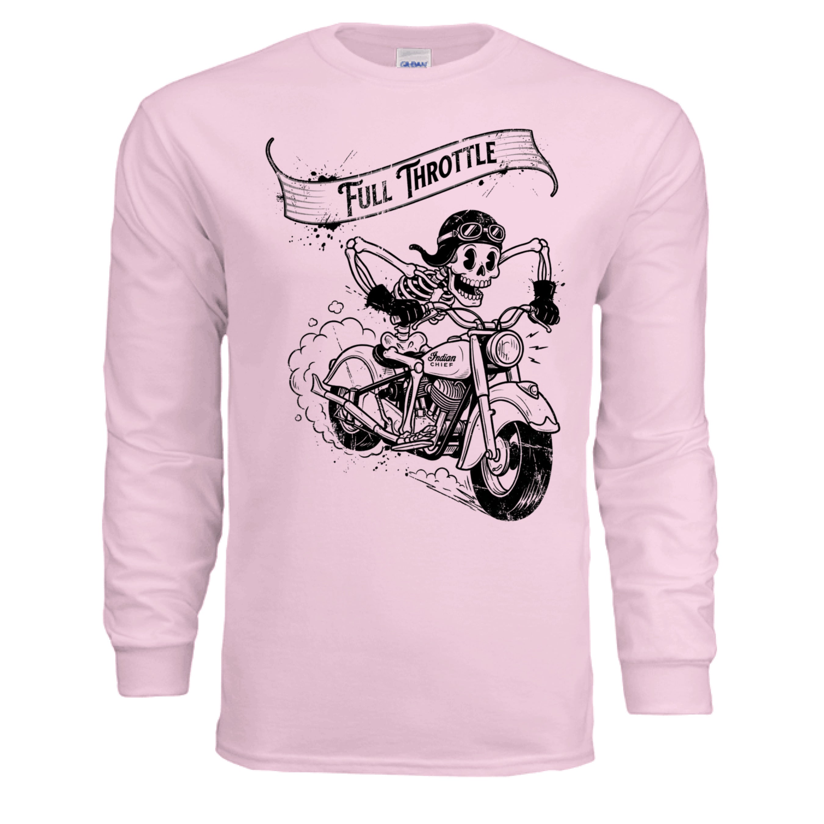 Pink long-sleeve shirt with a skeleton on a motorcycle graphic and 'Full Throttle' text.