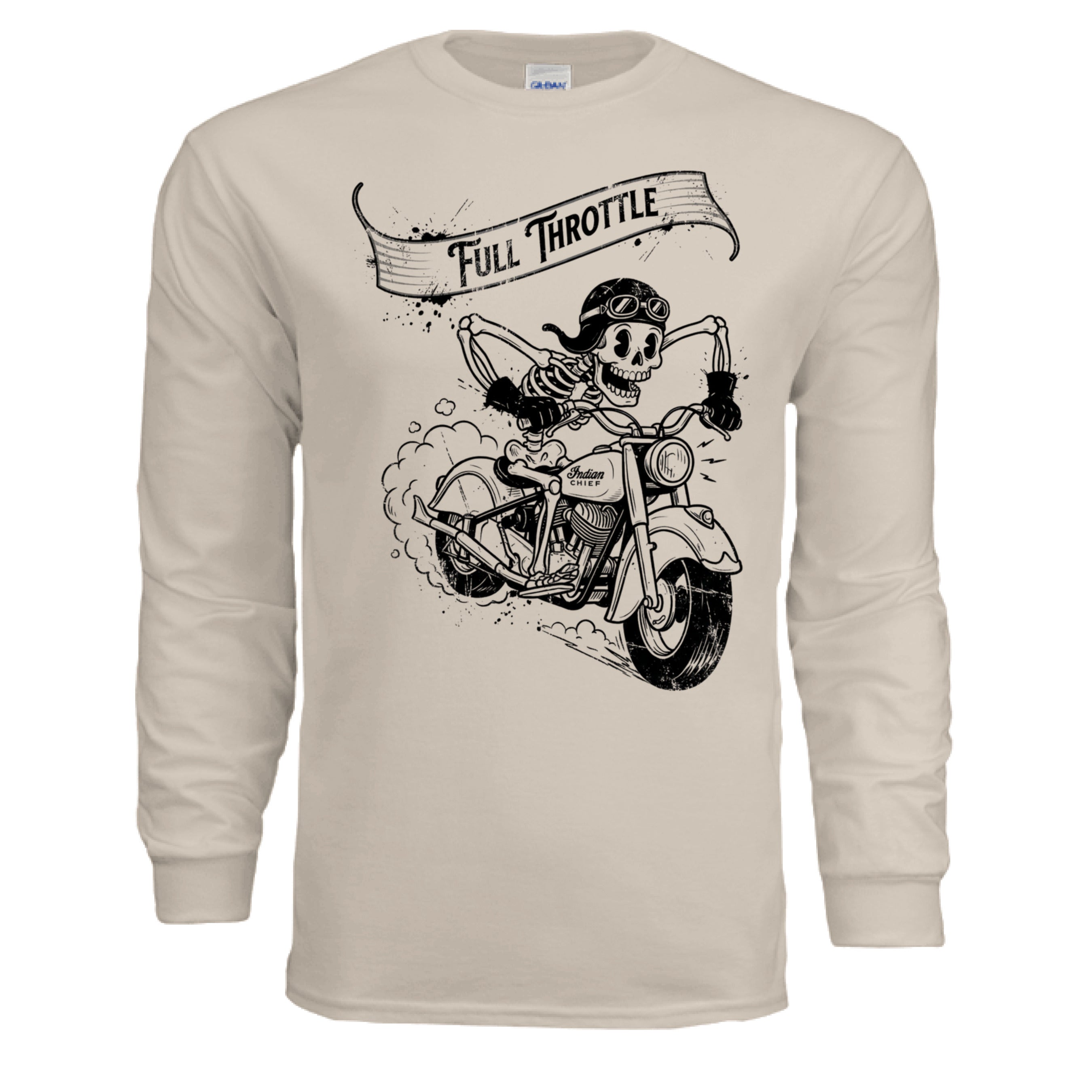 Beige long-sleeve shirt with a skeleton on a motorcycle graphic and 'Full Throttle' text.