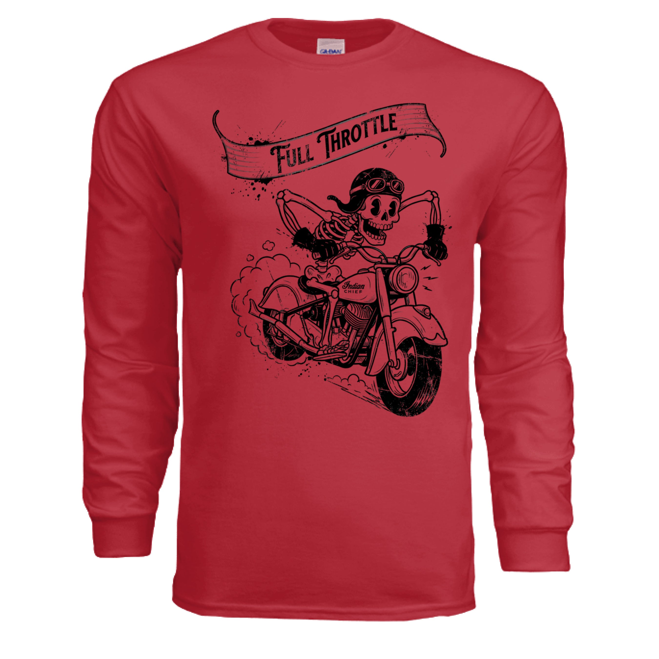 Red long-sleeve shirt with a black graphic of a skeleton on a motorcycle and 'Full Throttle' text.