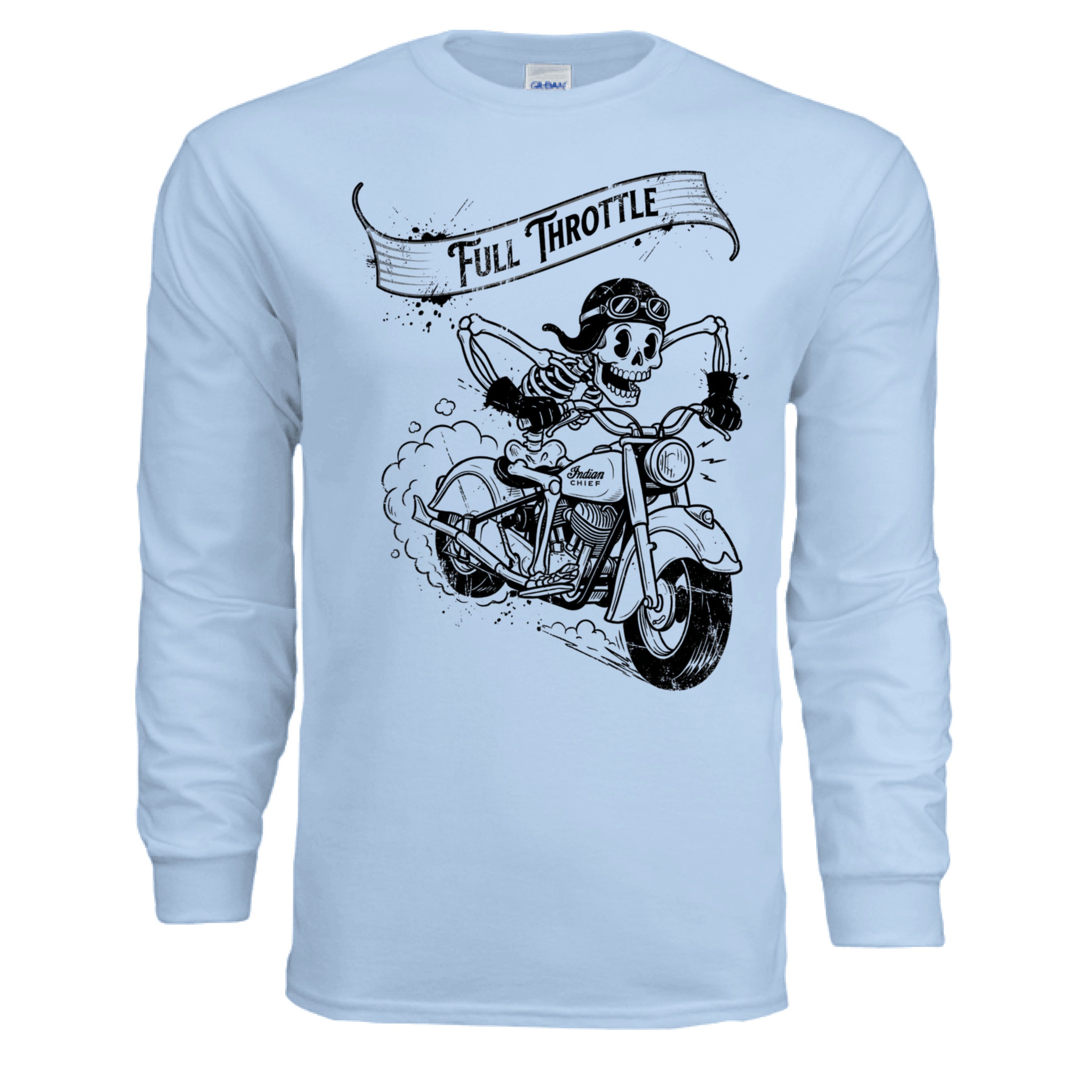 Light blue long-sleeve shirt with a skeleton on a motorcycle graphic and 'Full Throttle' text.
