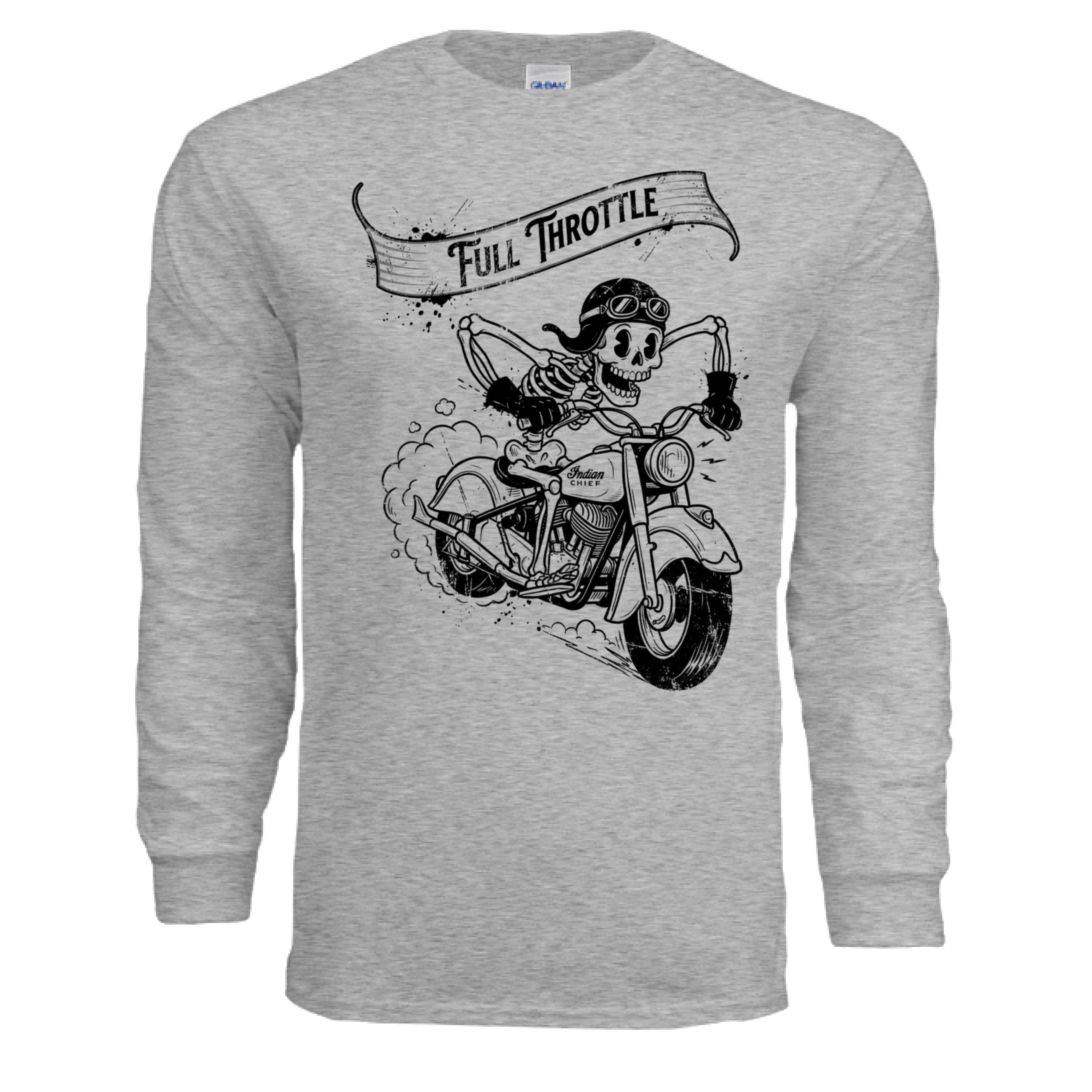 Gray long-sleeve shirt with a skeleton on a motorcycle graphic and 'Full Throttle' text.