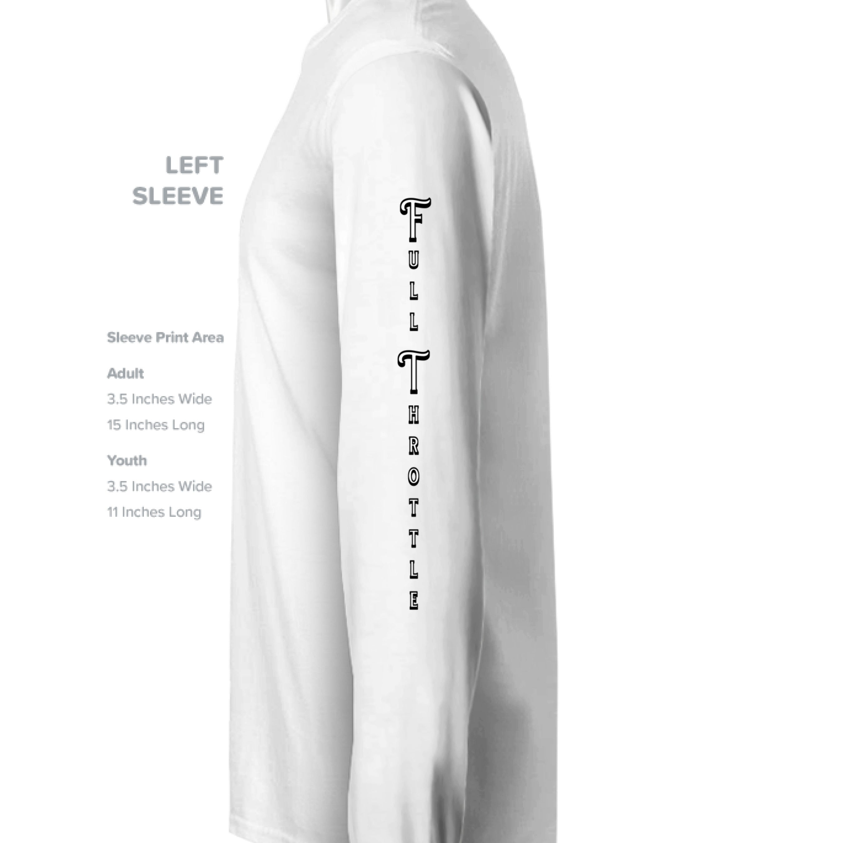 White long-sleeve shirt with 'Full Throttle' branding on the sleeve, displayed against a white background.