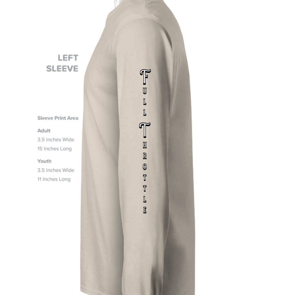 Beige long-sleeve shirt with text on the sleeve against a white background