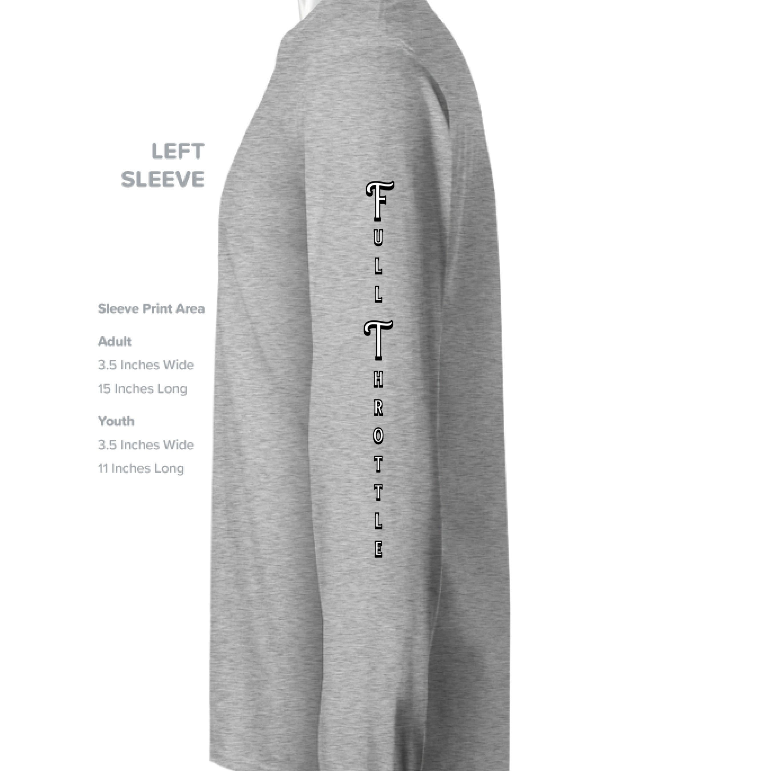 Gray long-sleeve shirt with text on sleeve print area dimensions.
