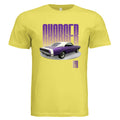 Yellow t-shirt with a purple muscle car graphic and 'Charger' text on a white background
