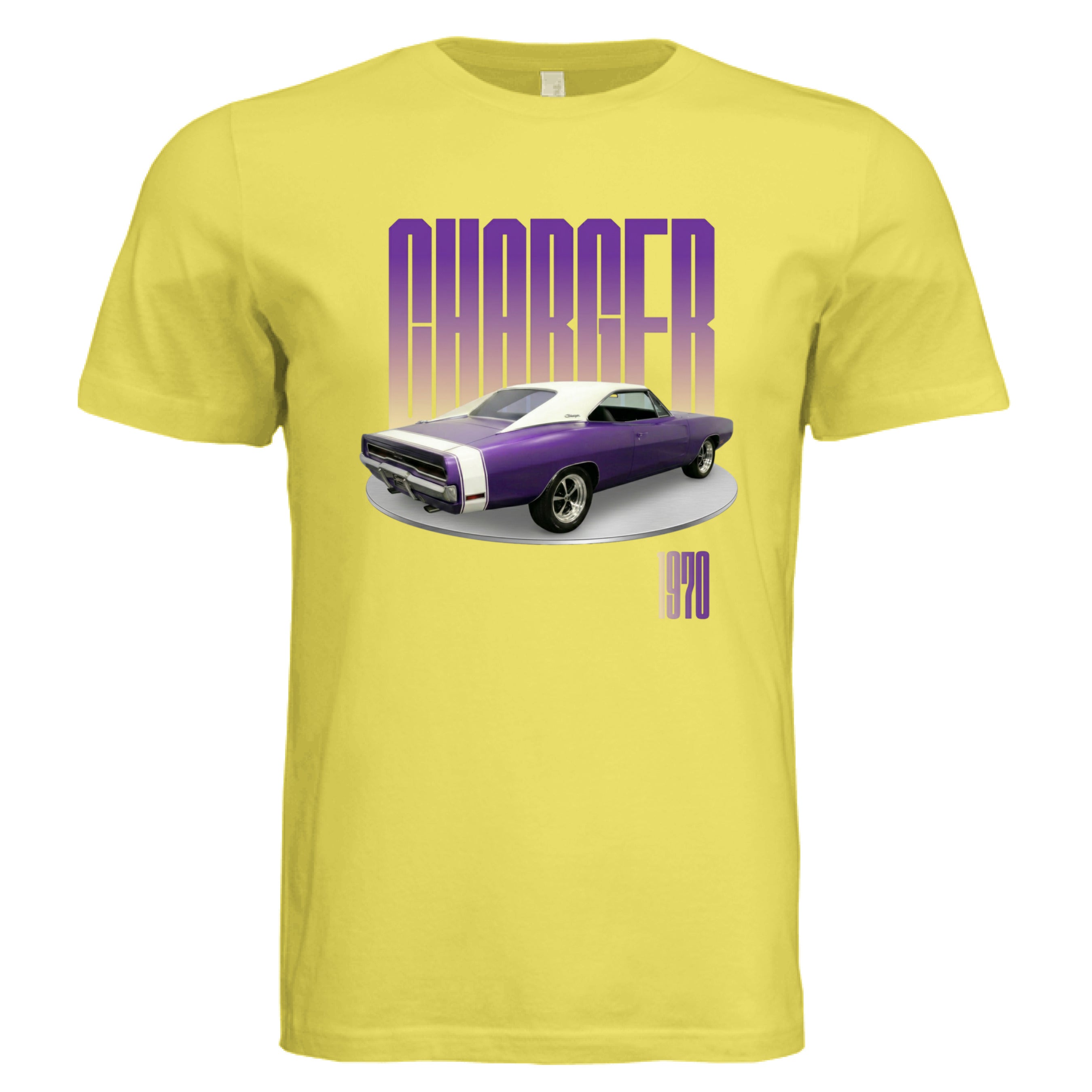 Yellow t-shirt with a purple muscle car graphic and 'Charger' text on a white background