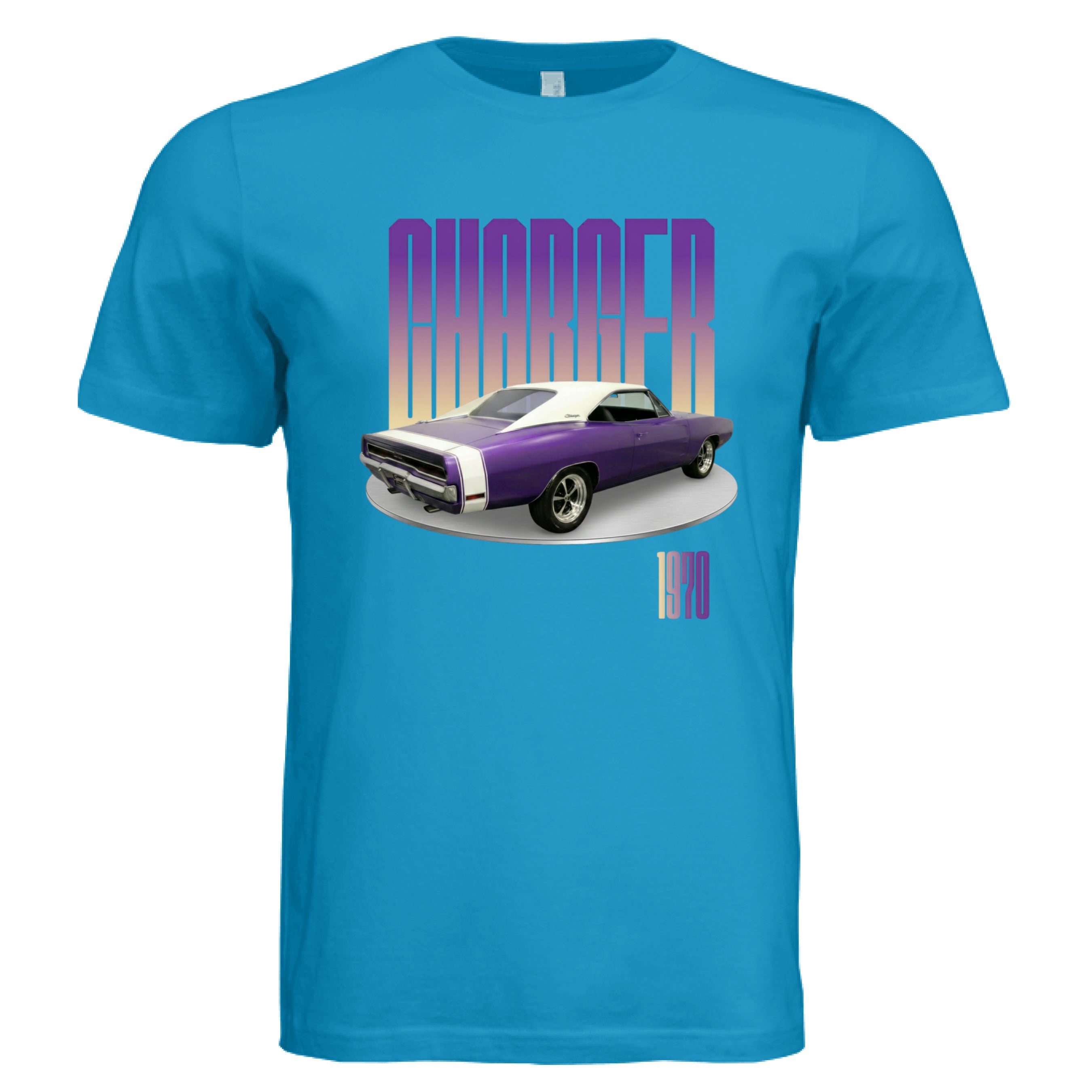 Blue t-shirt with a graphic of a purple muscle car and 'Charger' text on a white background