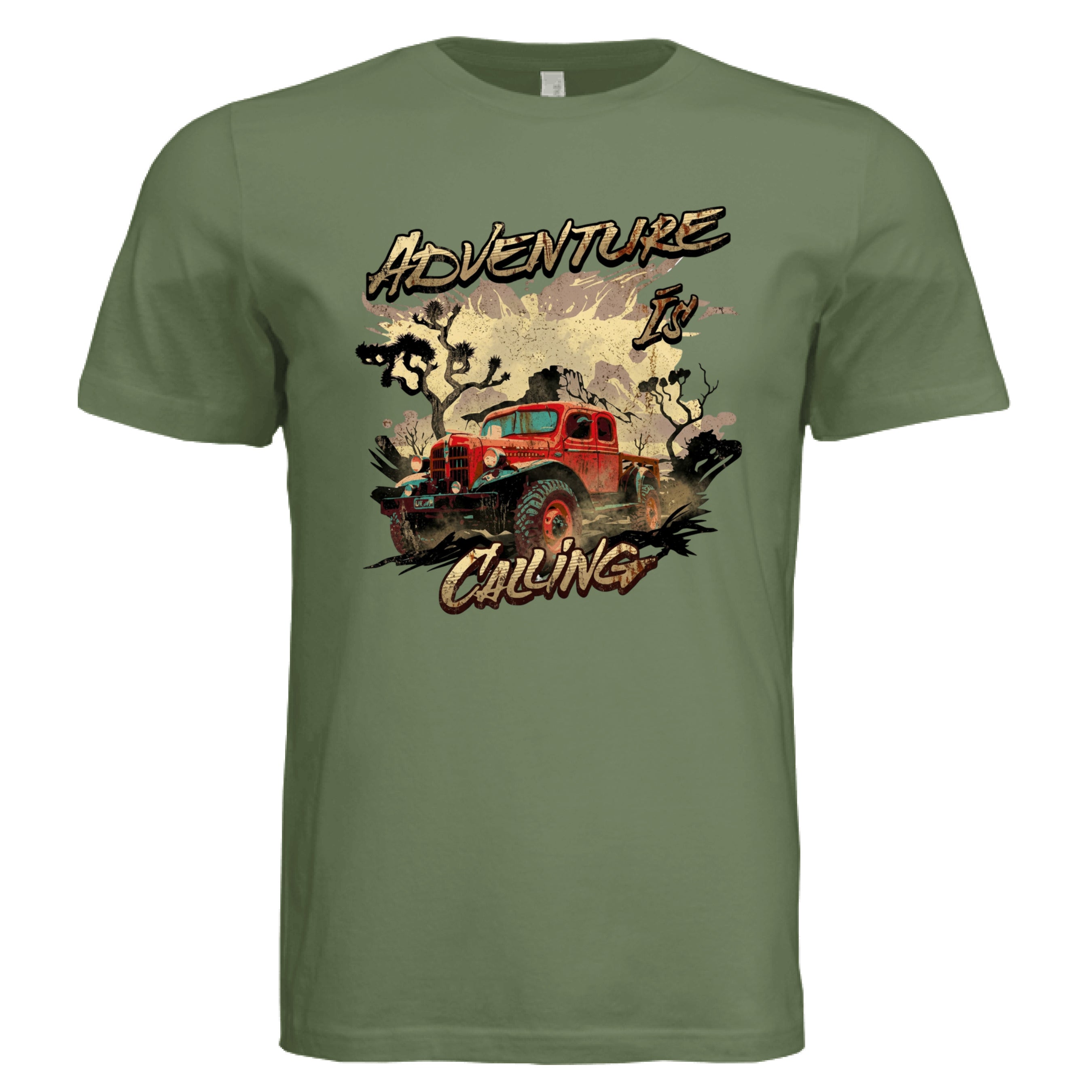 Green t-shirt with off-road vehicle graphic and 'Adventure is Calling' text on a white background