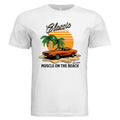 White t-shirt with a graphic of a muscle car on the beach and palm trees.