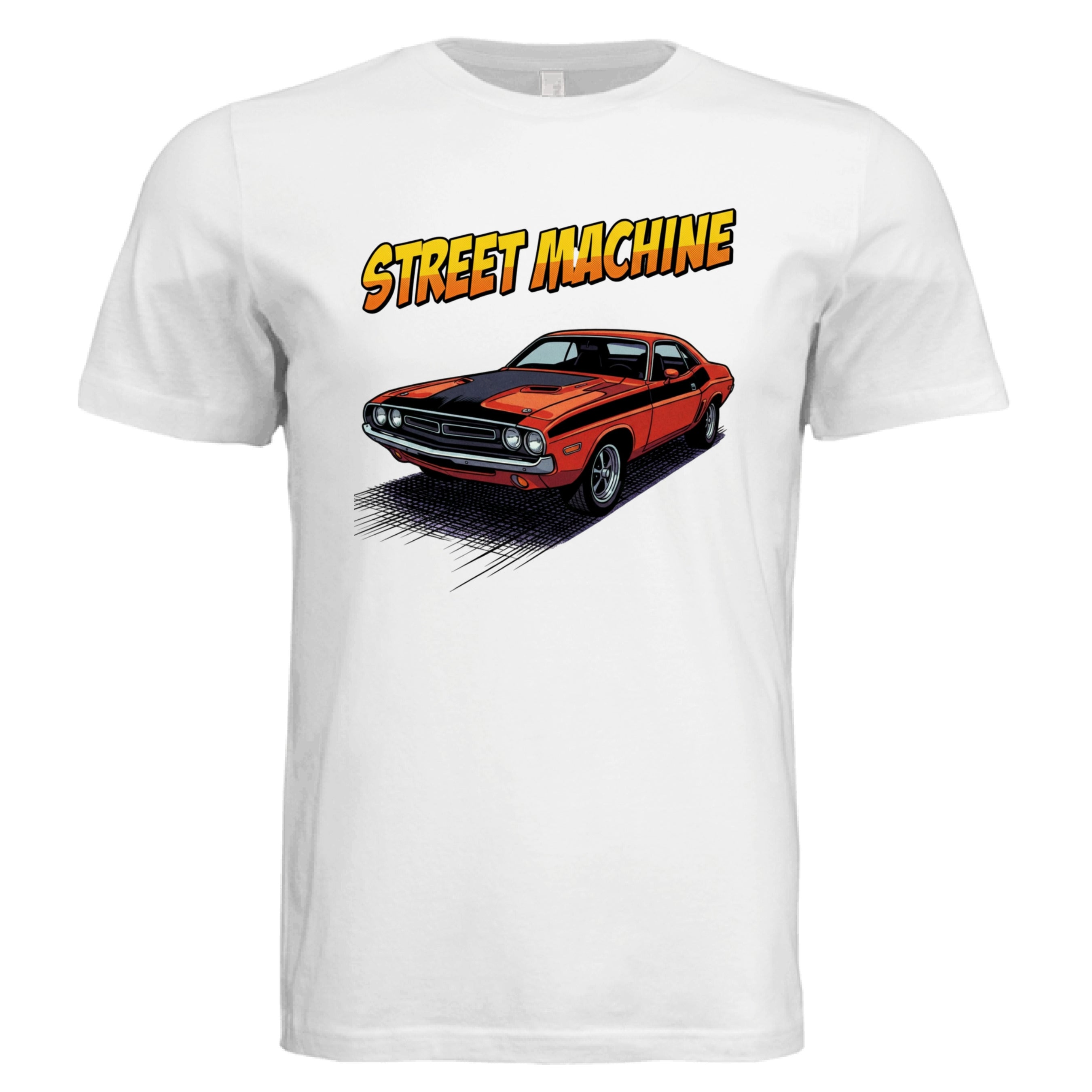White t-shirt with an orange muscle car graphic and 'Street Machine' text on a white background