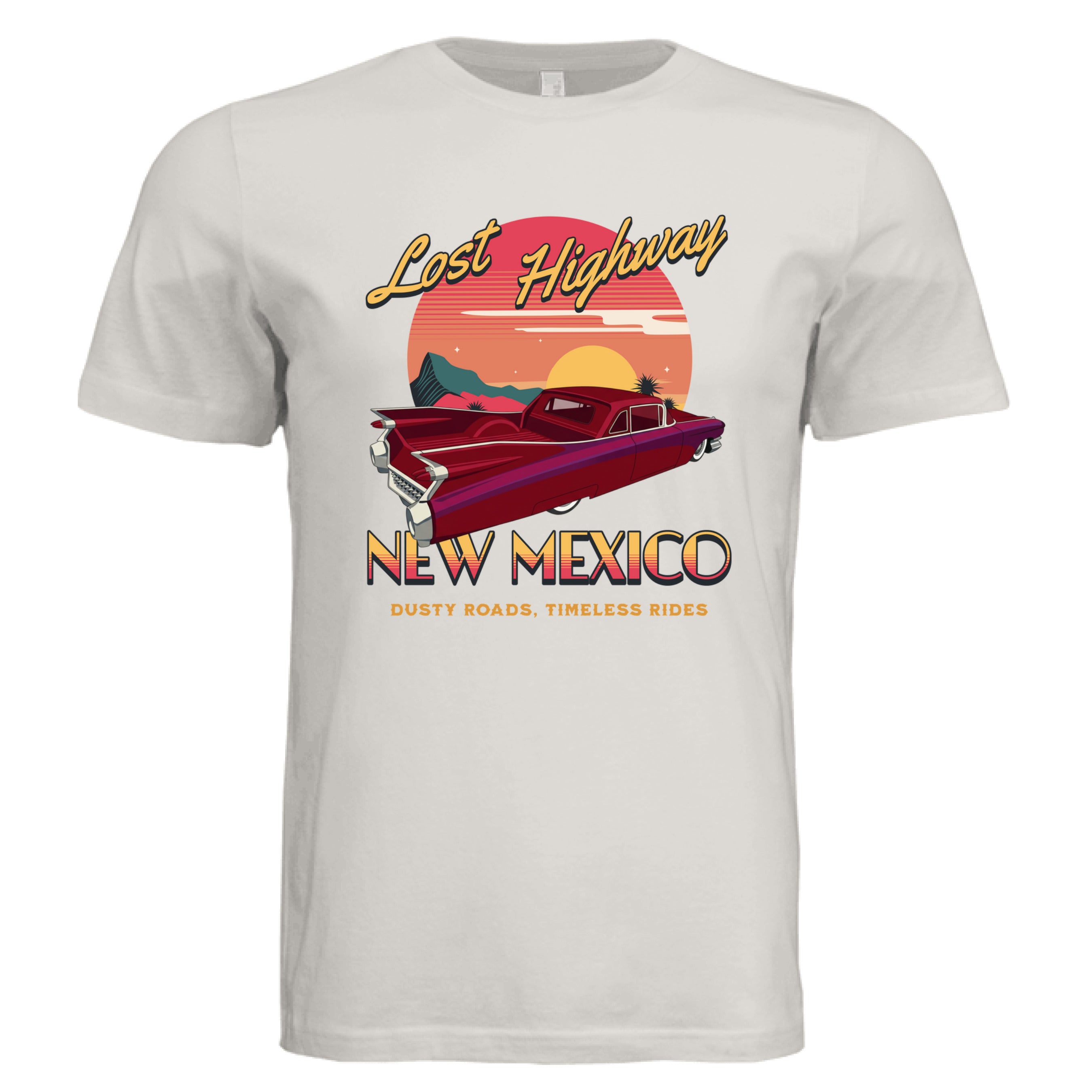 White t-shirt with 'Lost Highway New Mexico' graphic design featuring a red car and sunset.