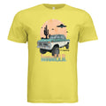 Yellow t-shirt with a graphic of a truck and desert scene on a white background