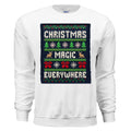 White sweatshirt with Christmas-themed pattern and text on a white background