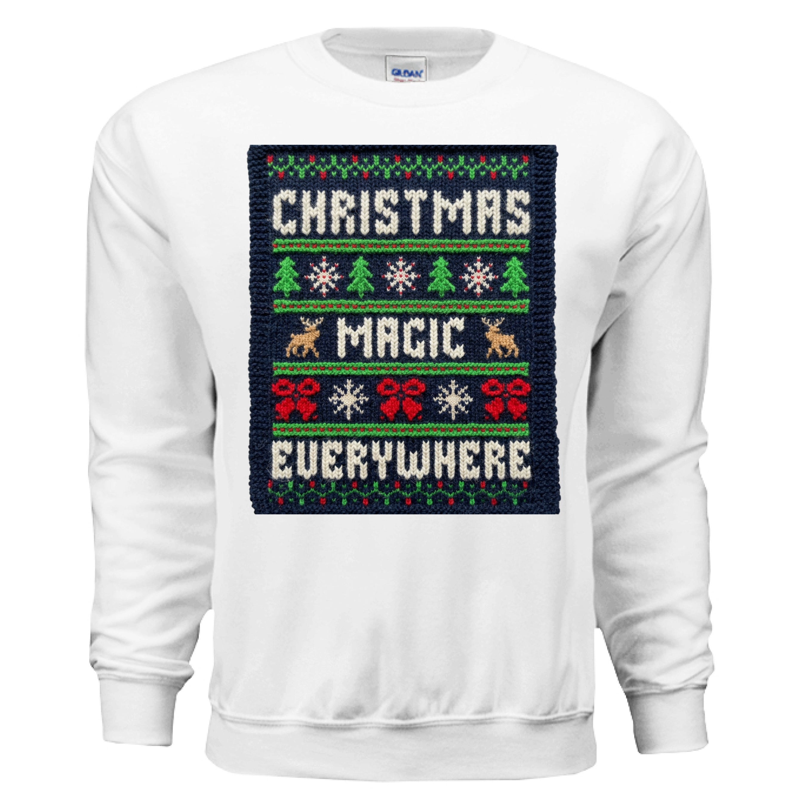 White sweatshirt with Christmas-themed pattern and text on a white background