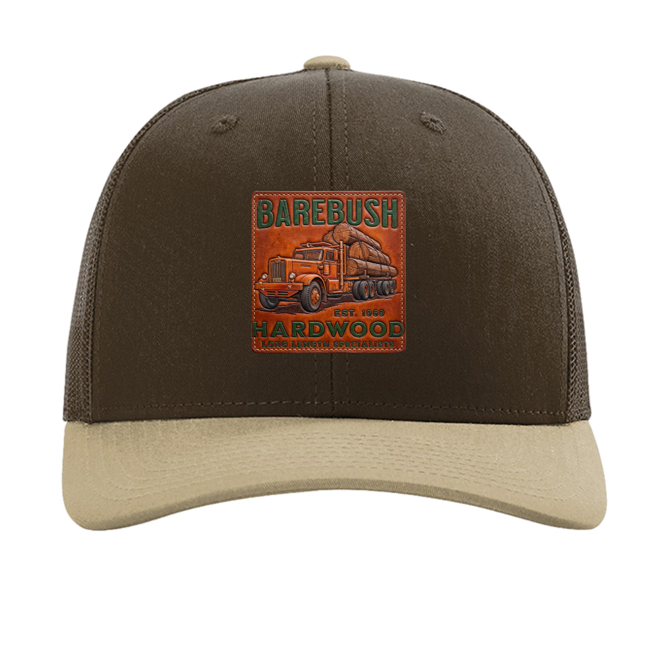 Brown and beige cap with Barebush Hardwood logo on a white background