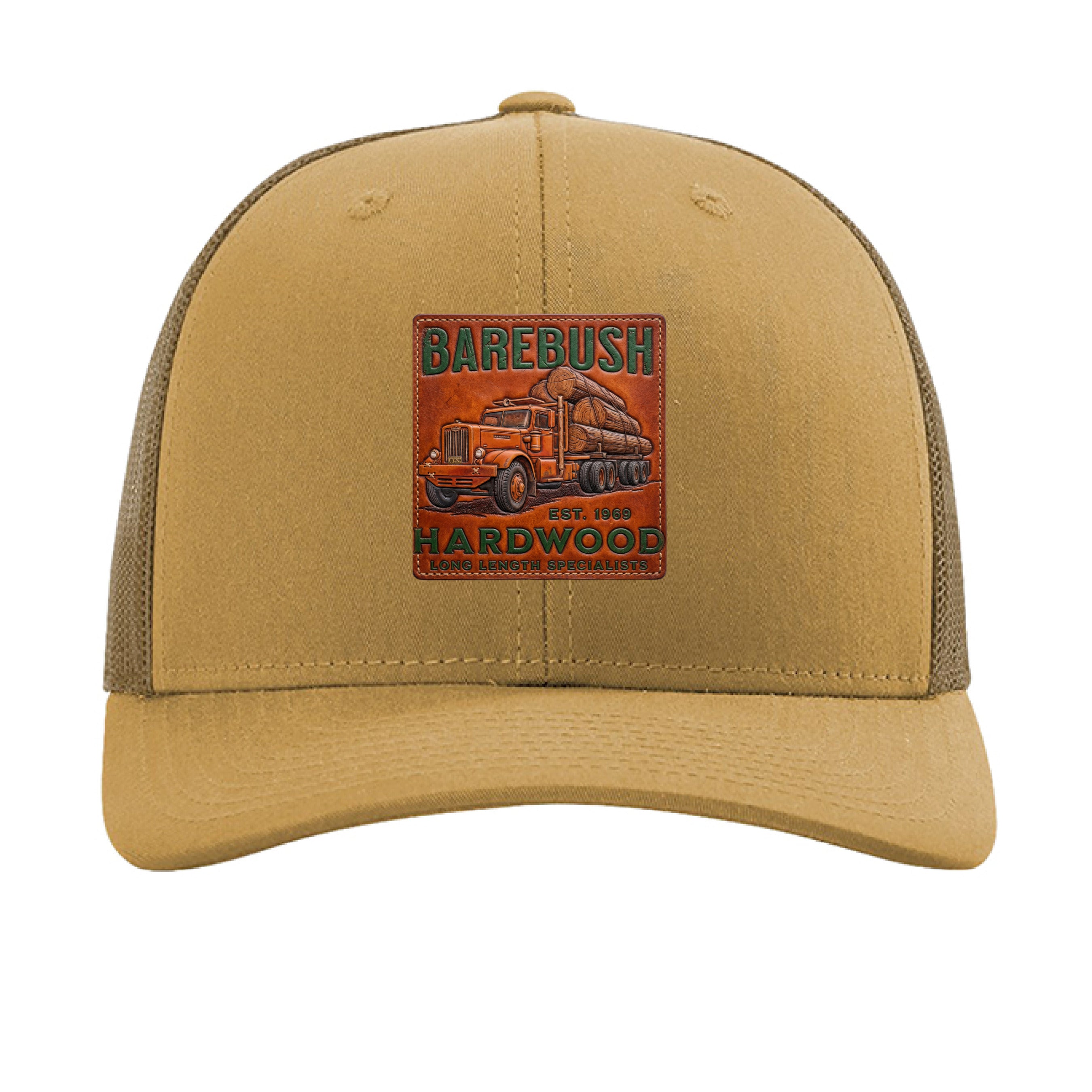 Brown cap with a leather patch featuring a truck and 'Barebush Hardwood' text on a white background.
