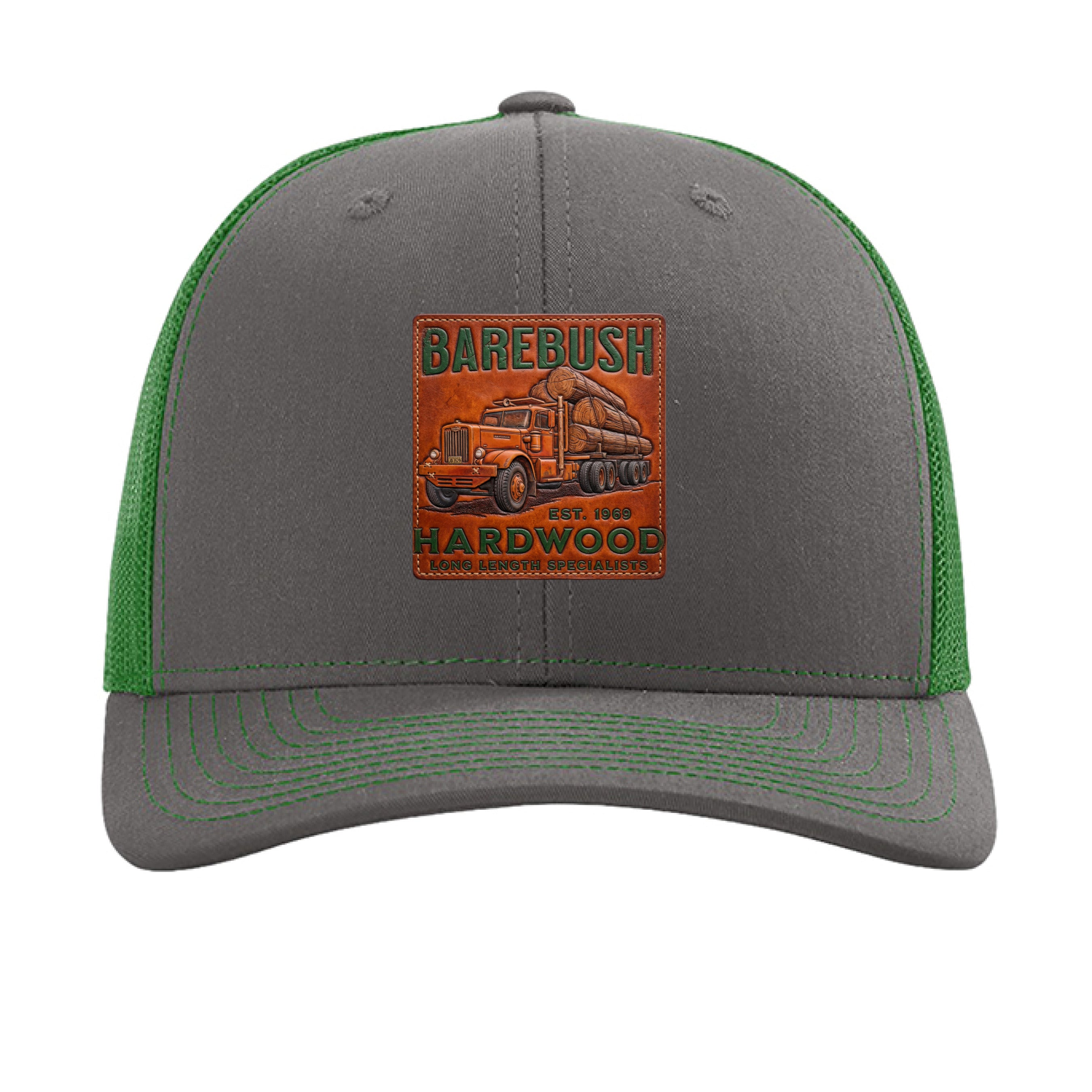 Gray and green cap with Barebush Hardwood logo on a white background