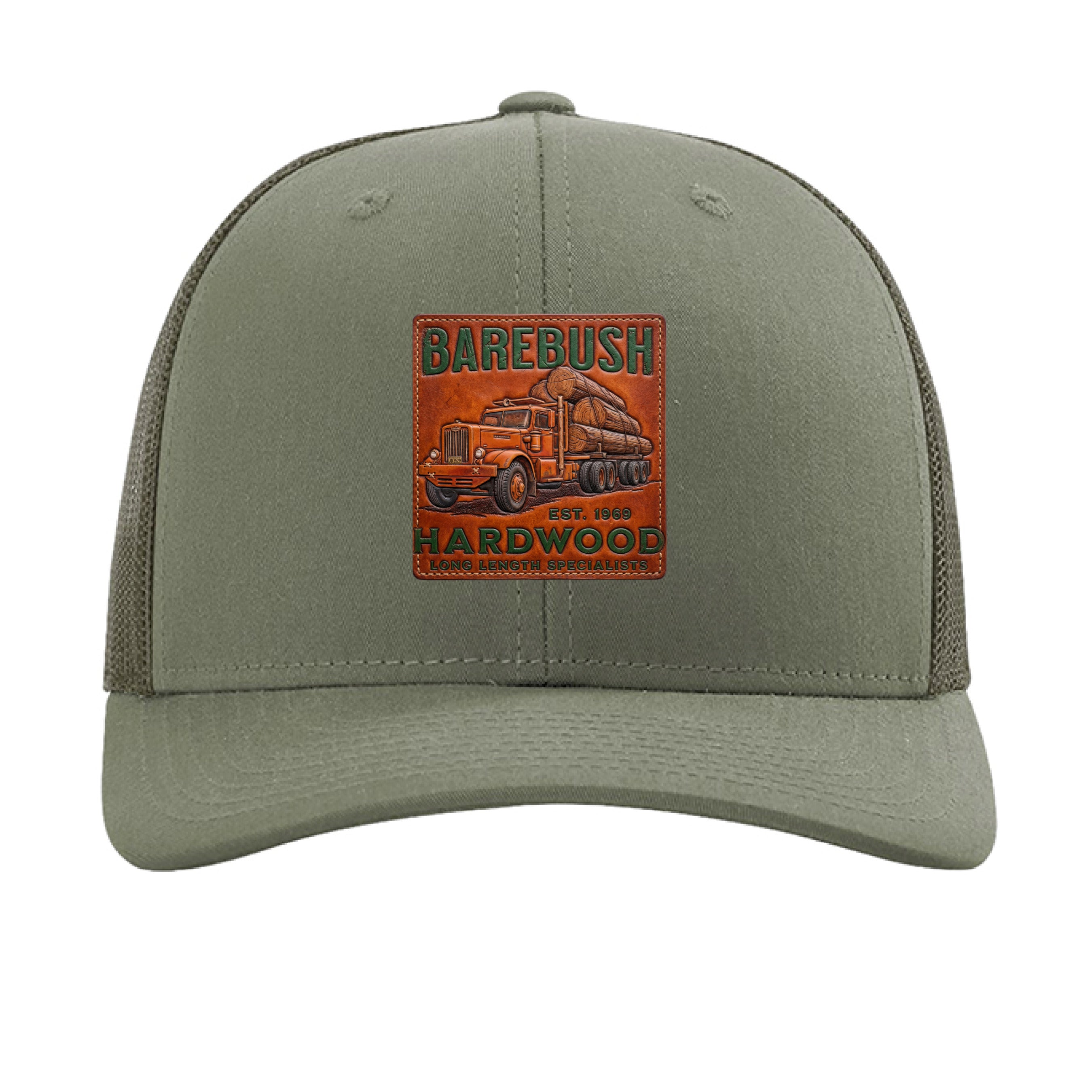 Green cap with a leather patch featuring a truck and 'Barebush Hardwood' text on a white background.