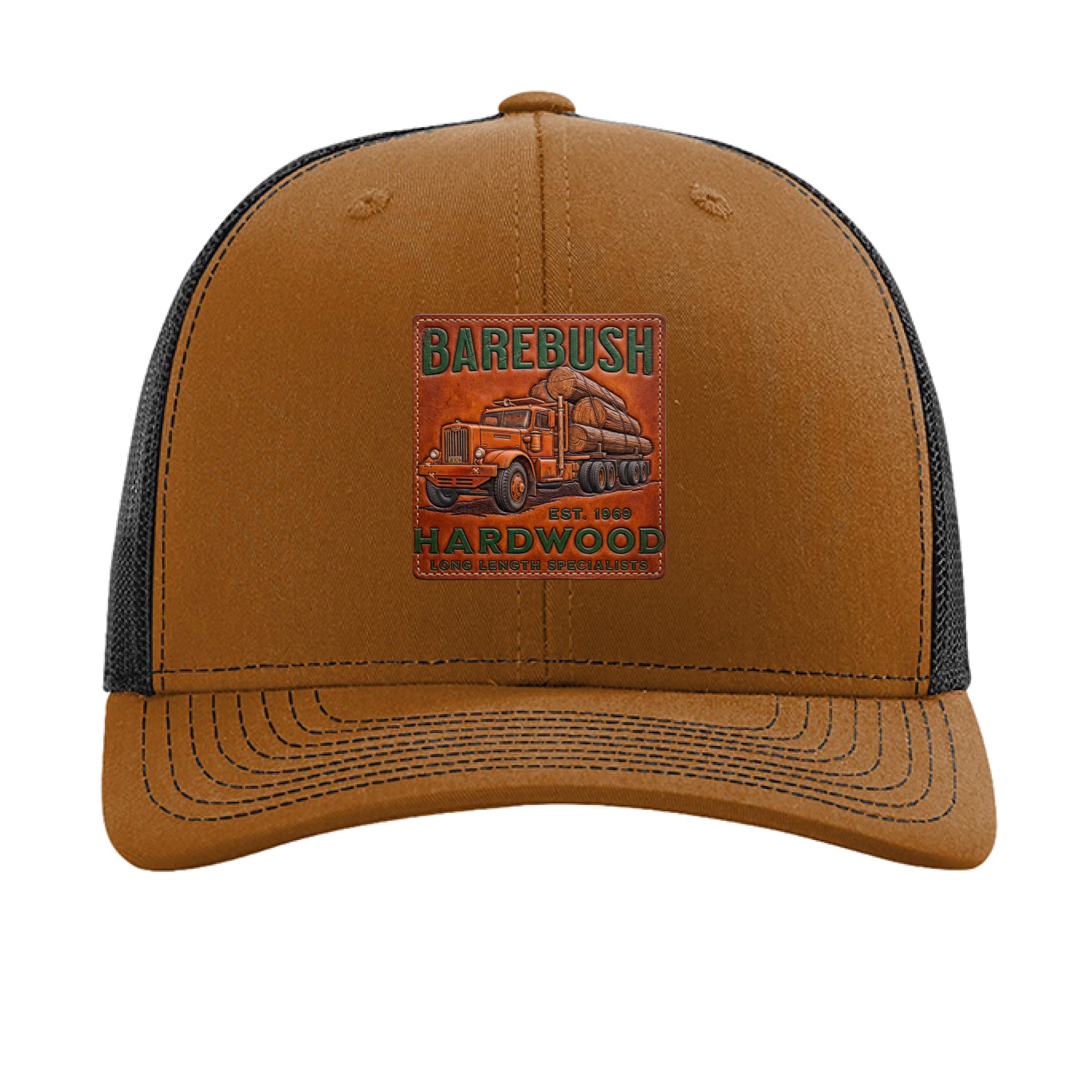Brown trucker cap with Barebush Hardwood logo on a white background