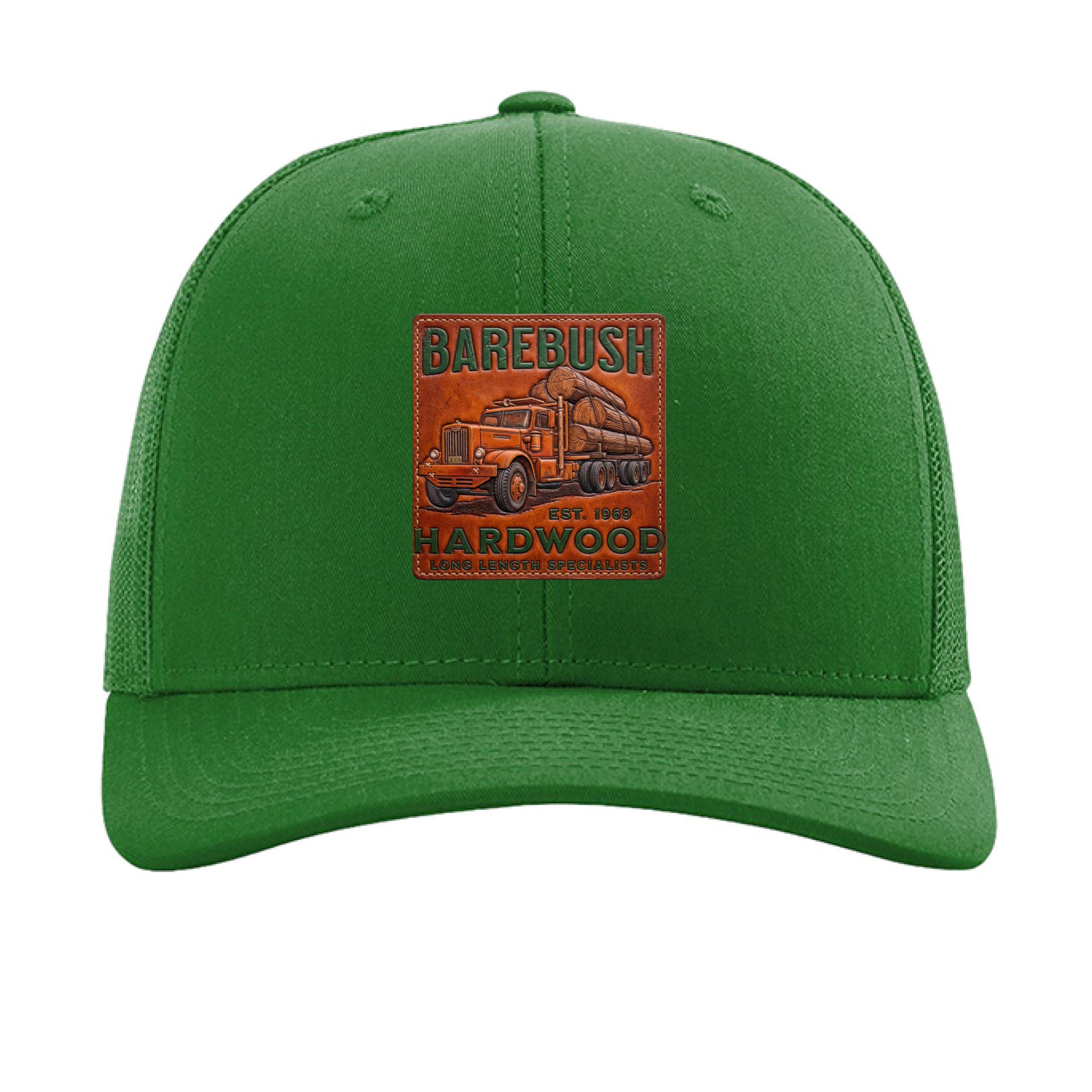 Green cap with a leather patch featuring 'Barebush Hardwood' on a white background