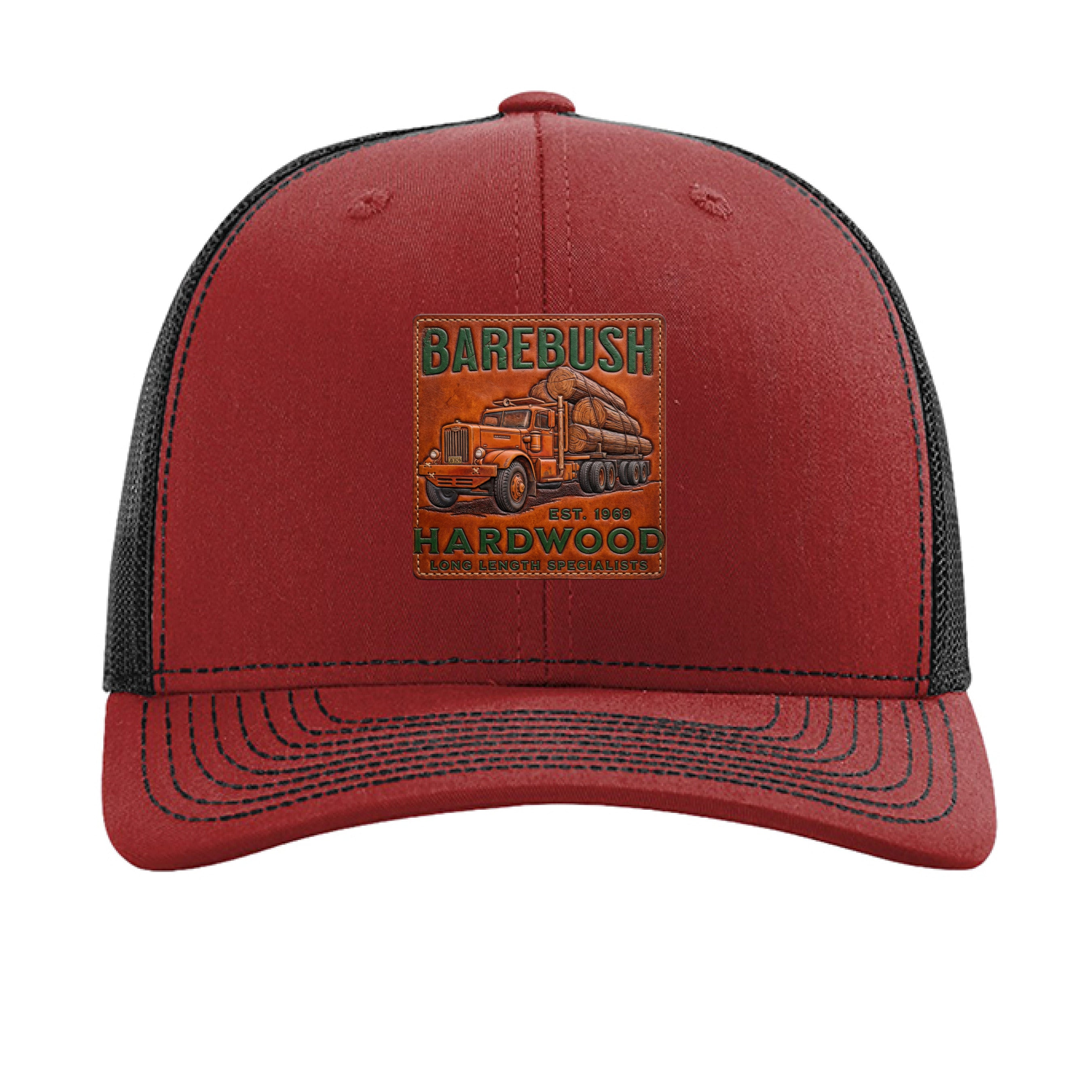Red and black cap with Barebush Hardwood logo on a white background