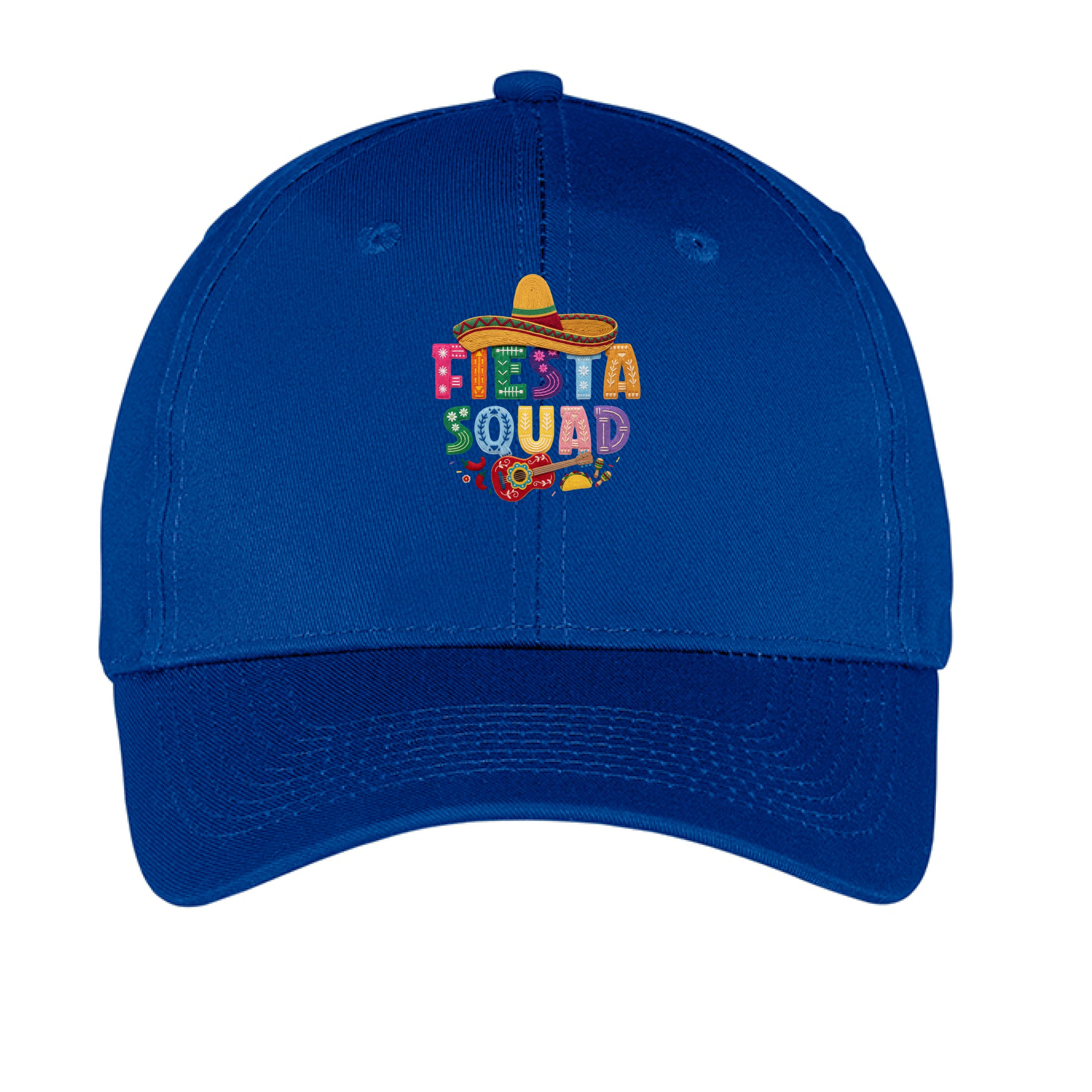 Blue cap with 'Fiesta Squad'  faux yarn on a white background