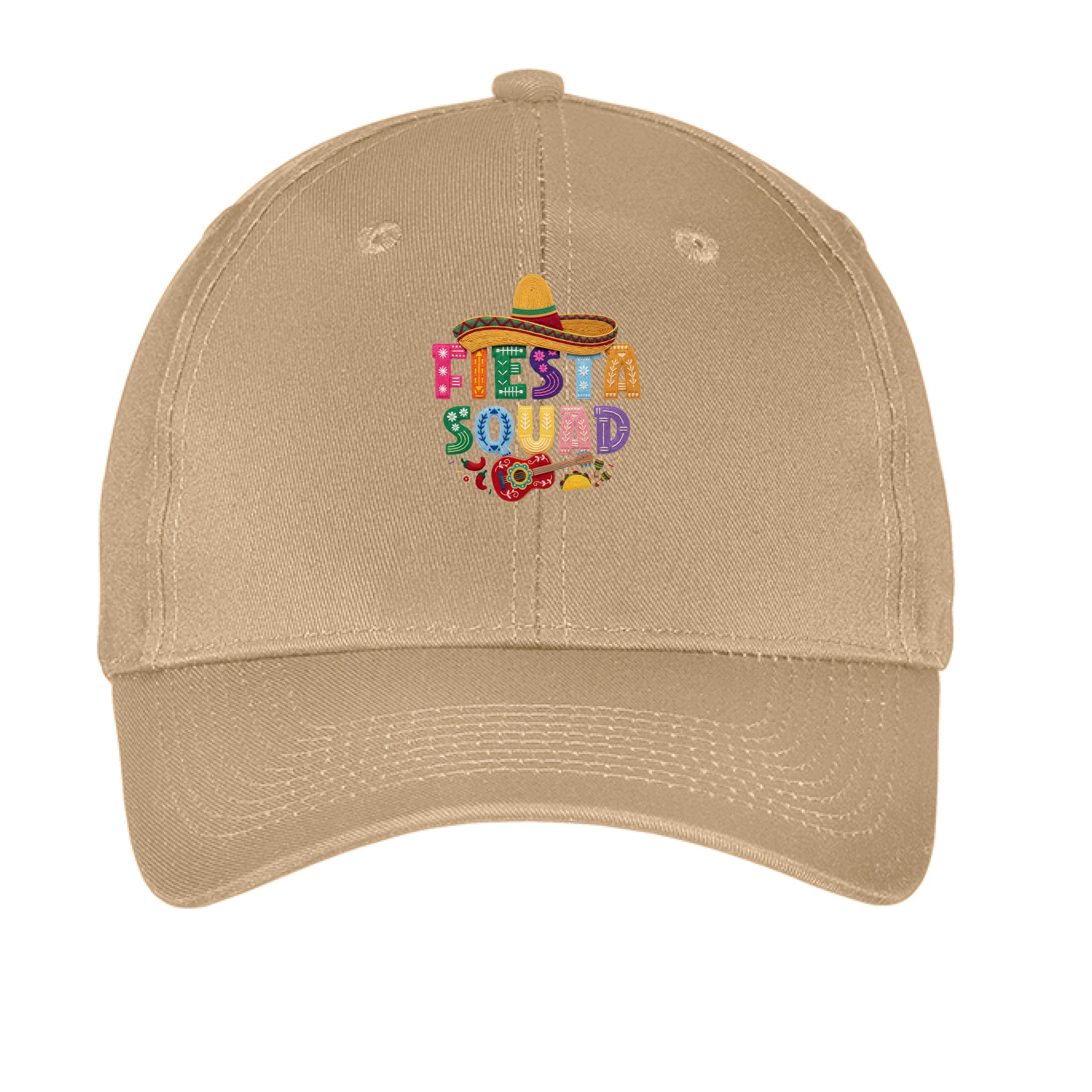 Beige cap with colorful 'Fiesta Squad' text and taco graphic on a white background