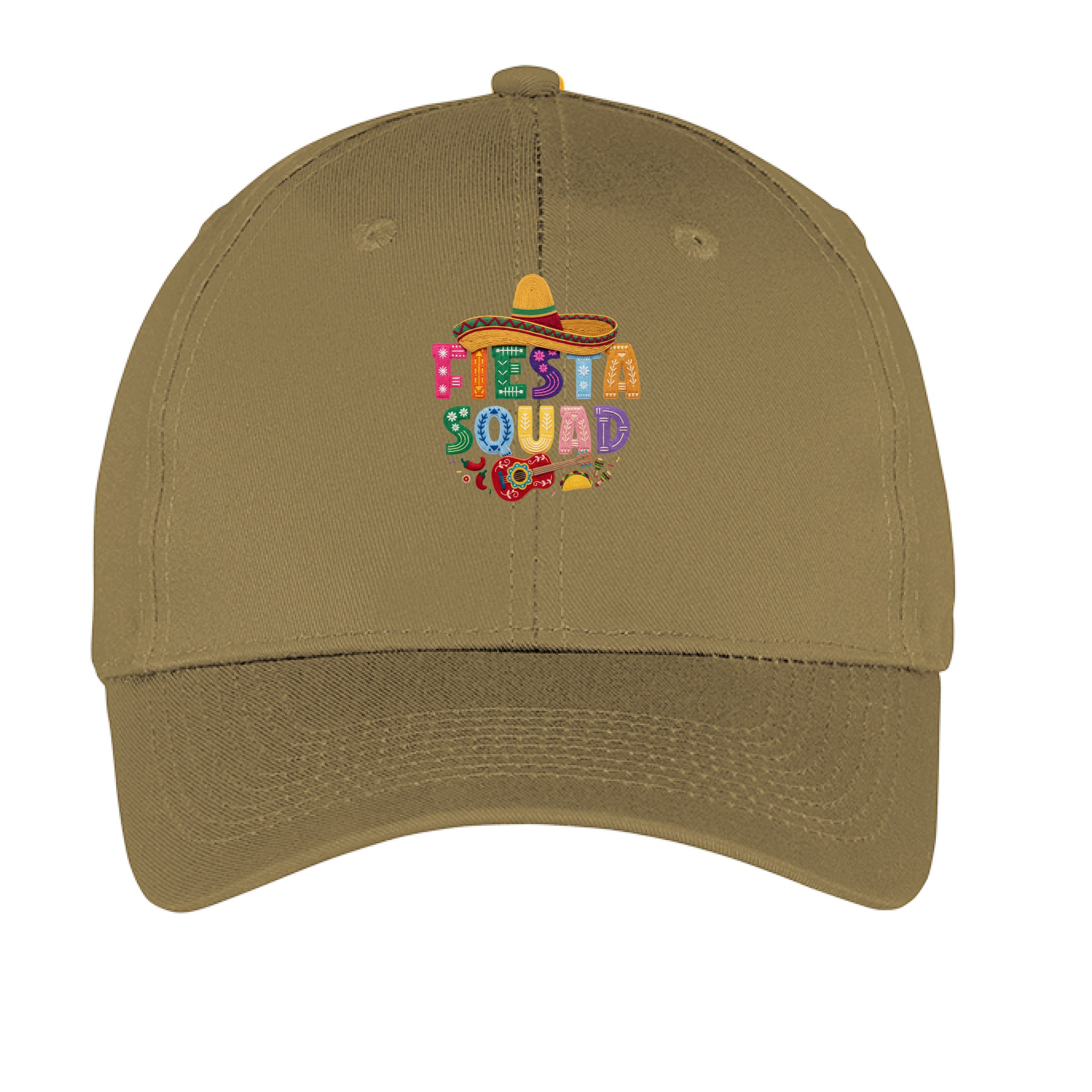 Khaki cap with 'Fiesta Squad' text and colorful design on a white background