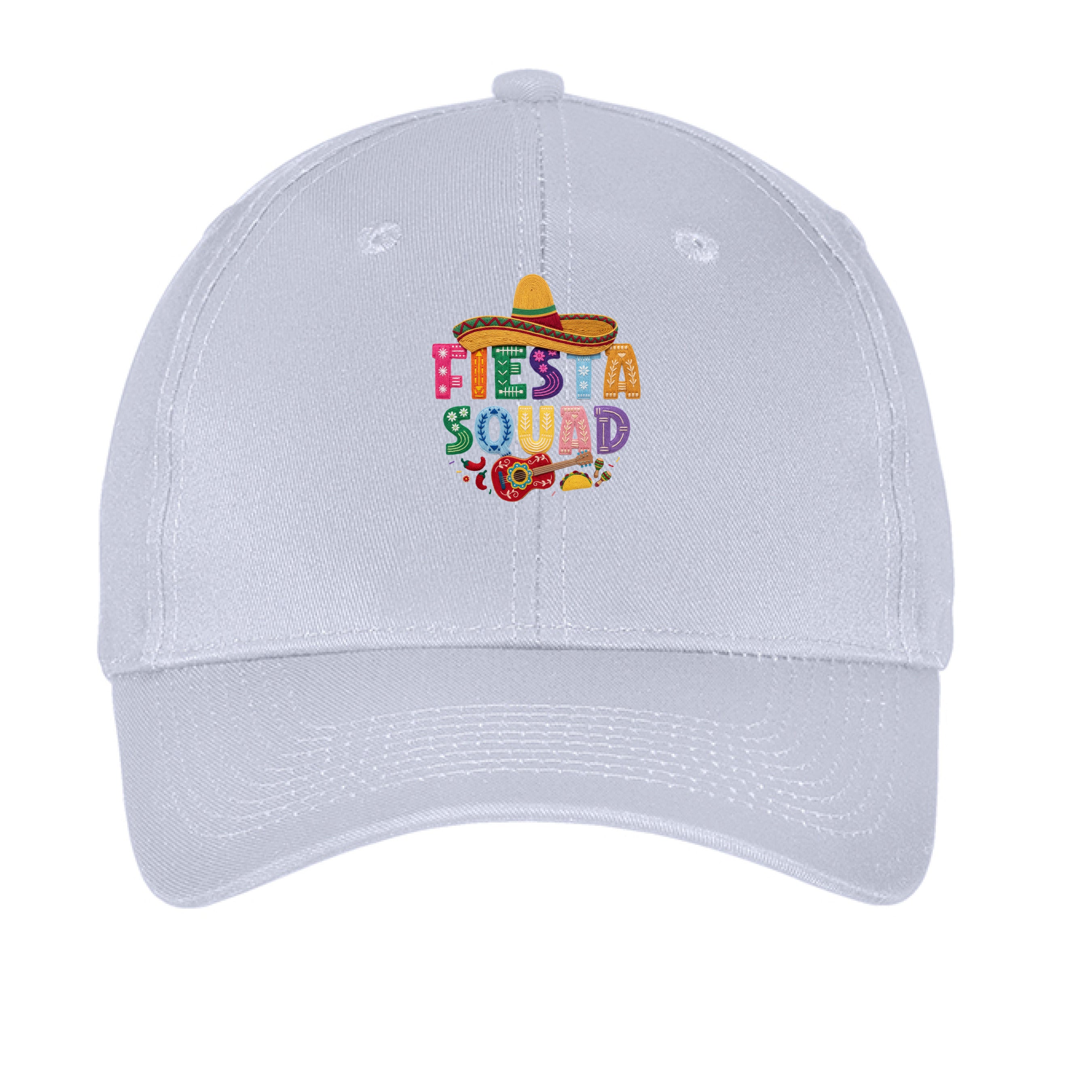 Silver cap with 'Fiesta Squad' text and colorful graphics on a white background