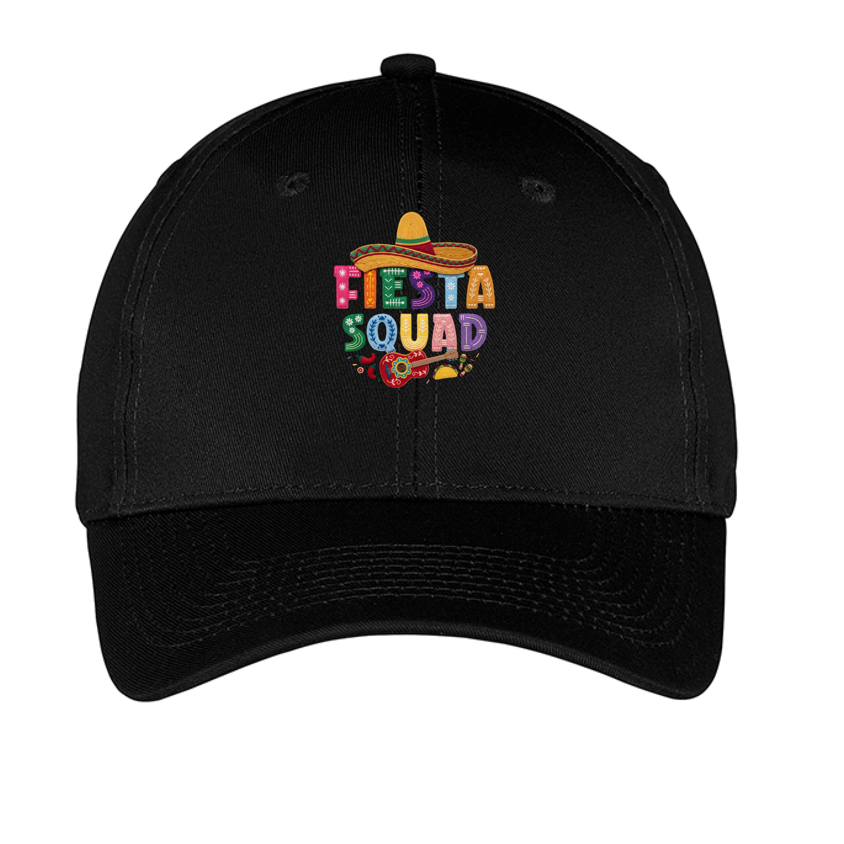 Black cap with Fiesta Squad' text on a white background