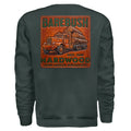Dark green sweatshirt with a leather-textured 'Barebush Hardwood' logo on the back