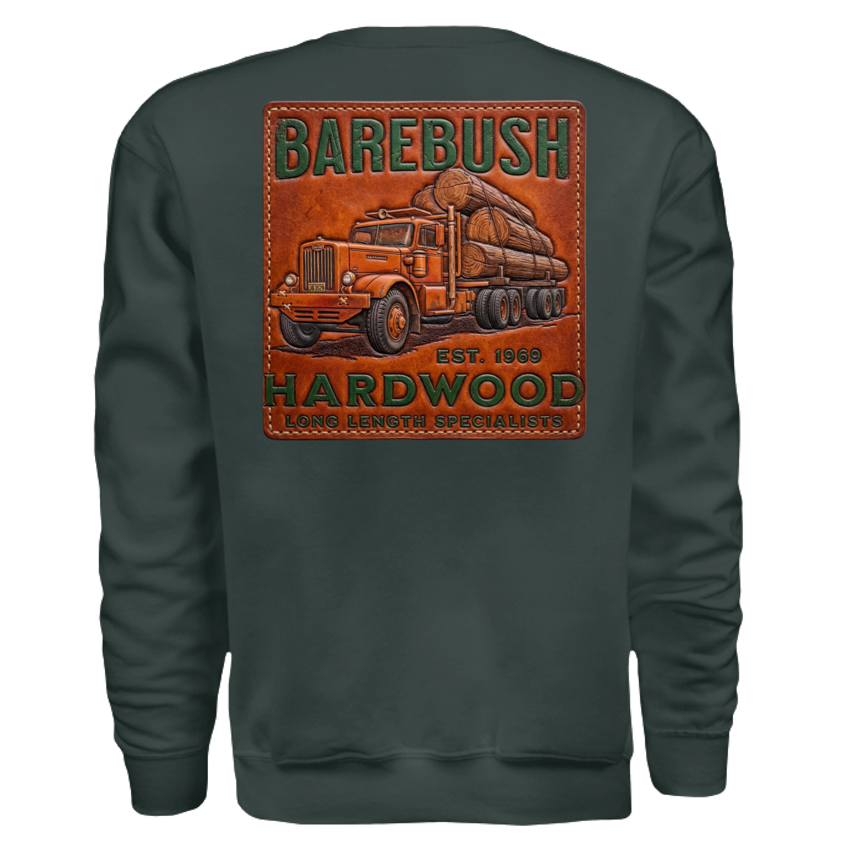 Dark green sweatshirt with a leather-textured 'Barebush Hardwood' logo on the back
