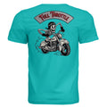 Turquoise t-shirt with a skeleton riding a motorcycle graphic and 'Full Throttle' text on the back.