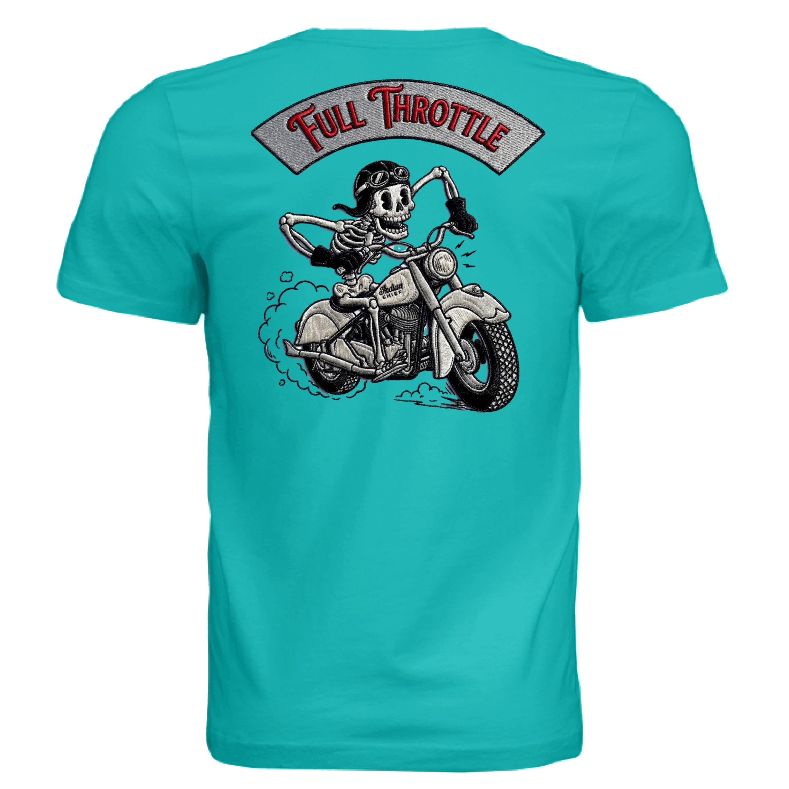 Turquoise t-shirt with a skeleton riding a motorcycle graphic and 'Full Throttle' text on the back.