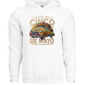 White hoodie with a colorful graphic of a vintage car and 'Cruisin' into Cinco de Mayo' text on a white background