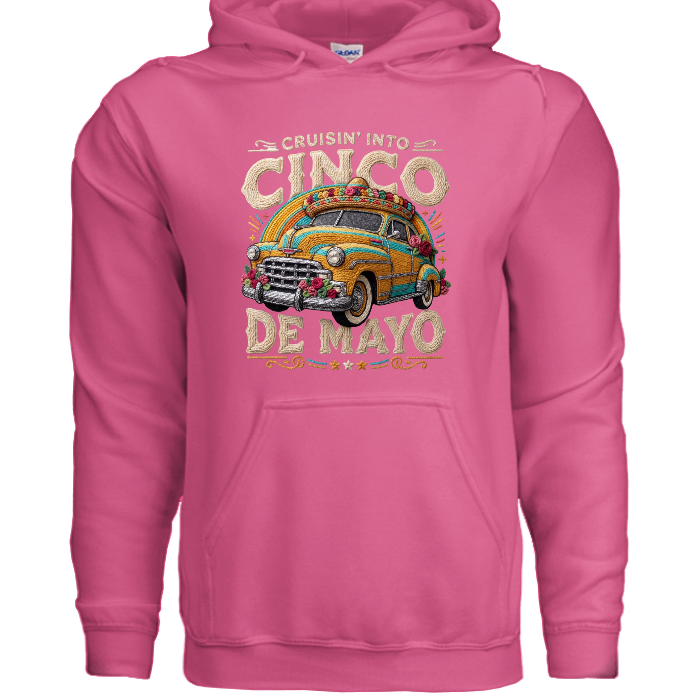Pink hoodie with a vintage car graphic and 'Cruisin' into Cinco de Mayo' text on a white background