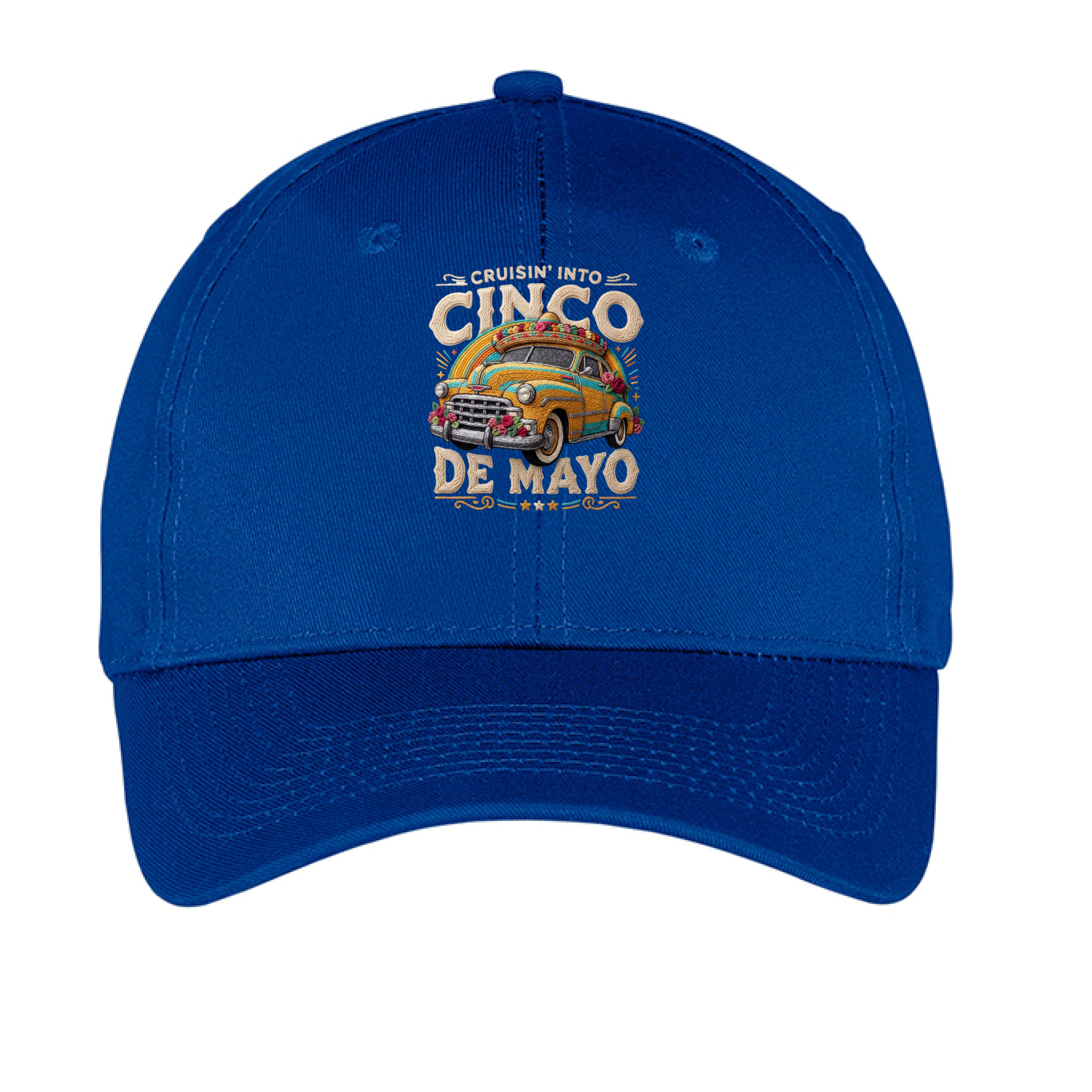 Blue cap with 'Cinco de Mayo' graphic design on a white background