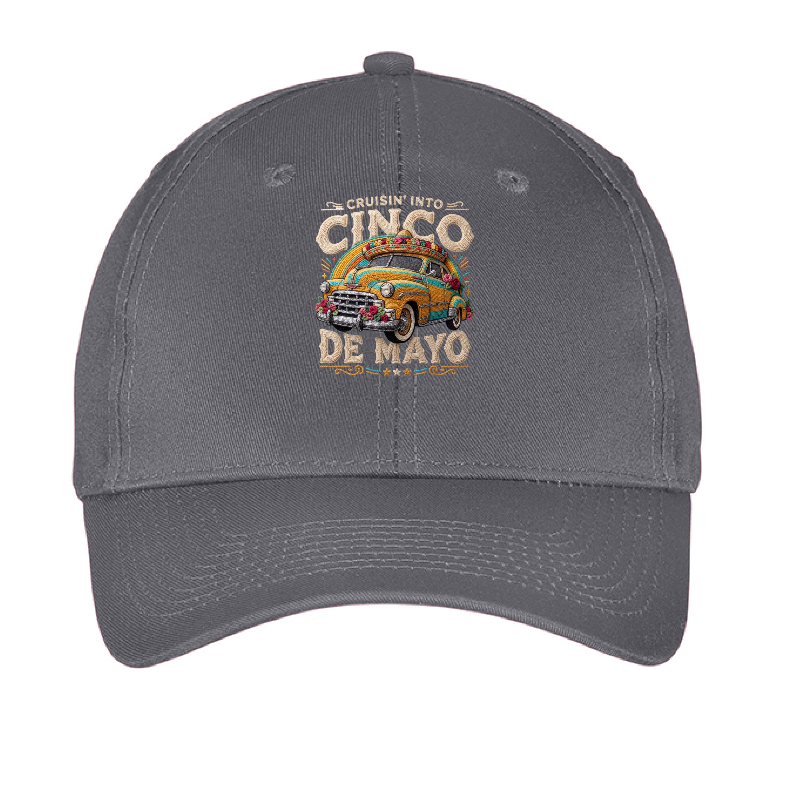 Gray cap with 'Cruisin' into Cinco de Mayo' graphic on a white background