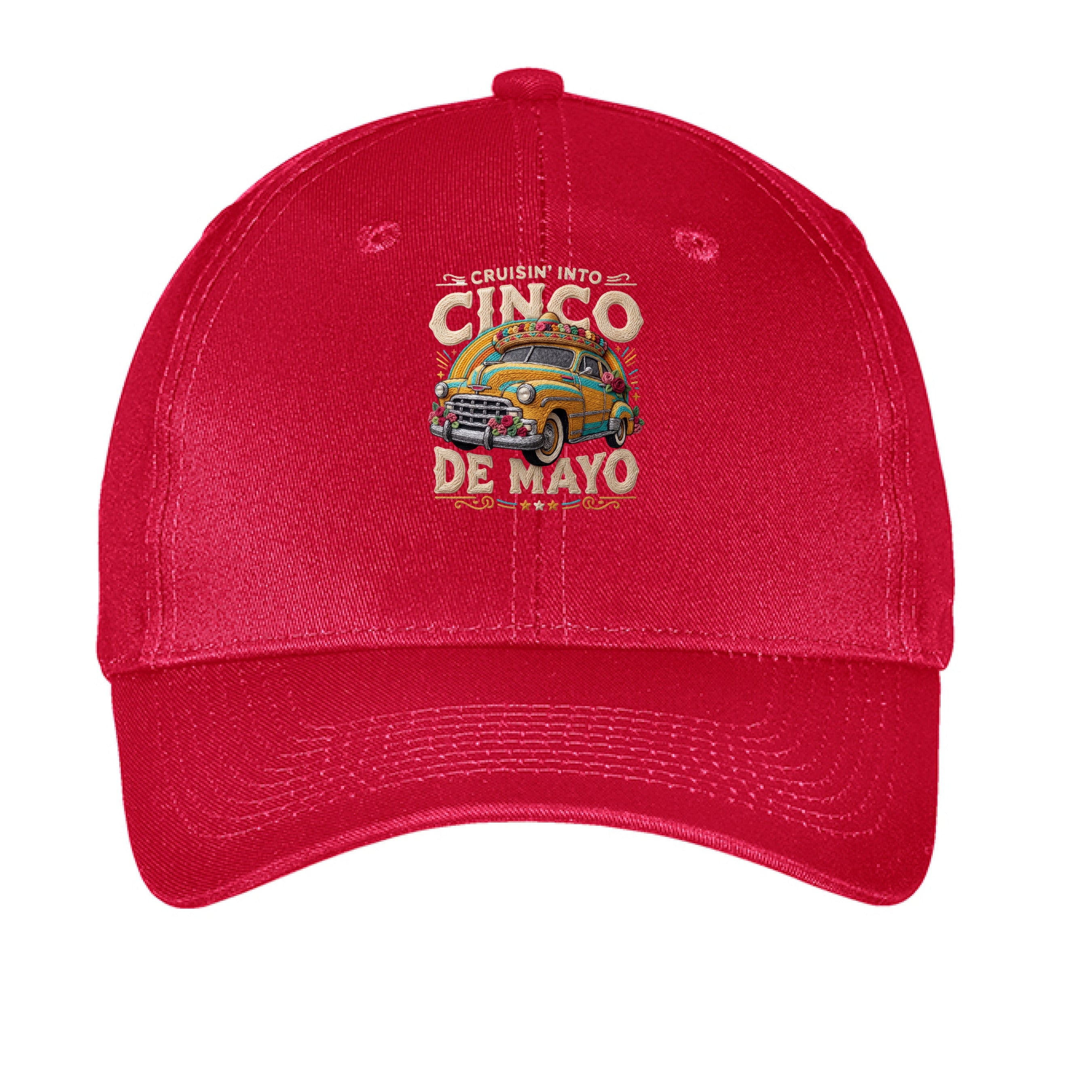 Red cap with 'Cinco de Mayo' graphic design on a white background