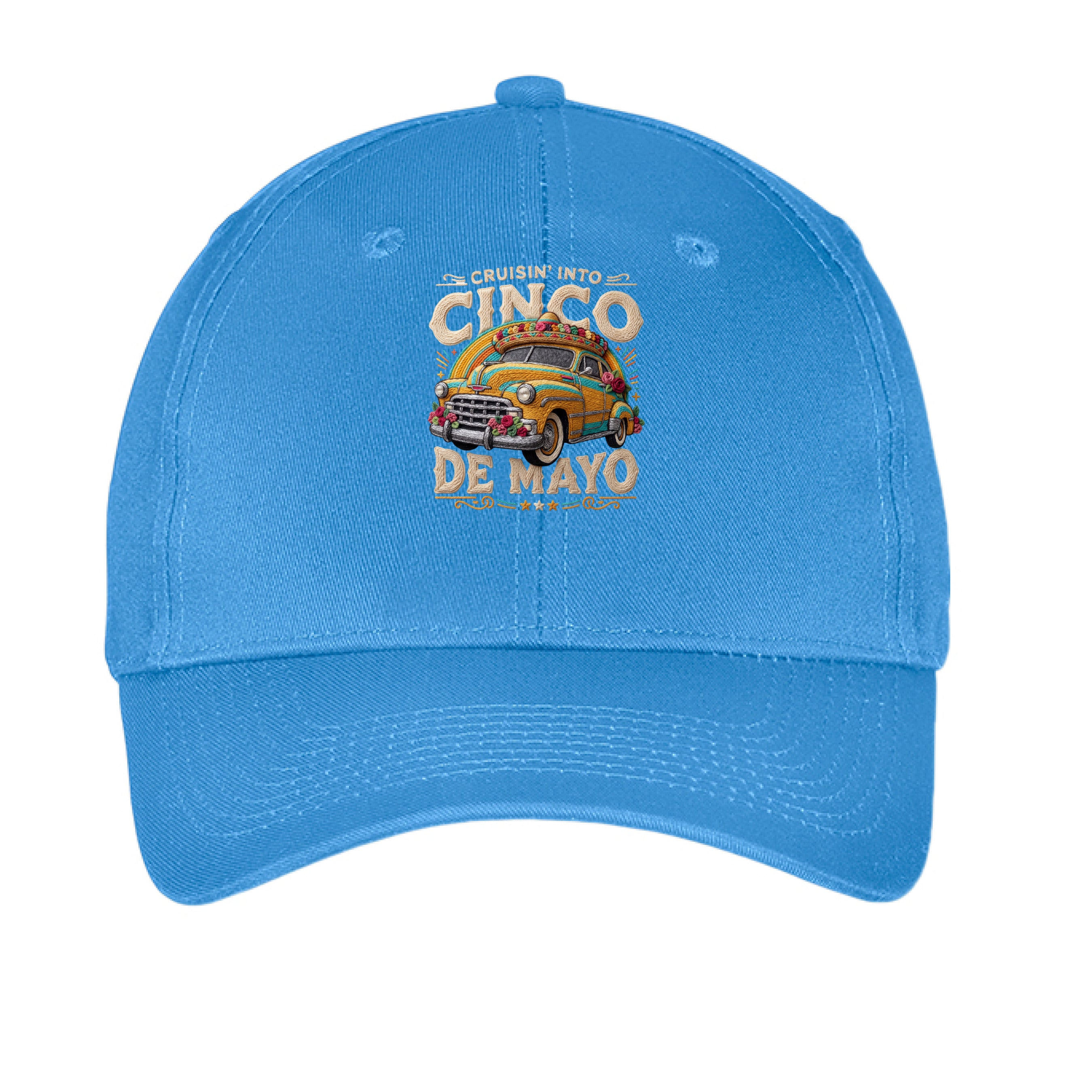 Blue cap with a graphic design of a car and 'Cinco de Mayo' text on a white background