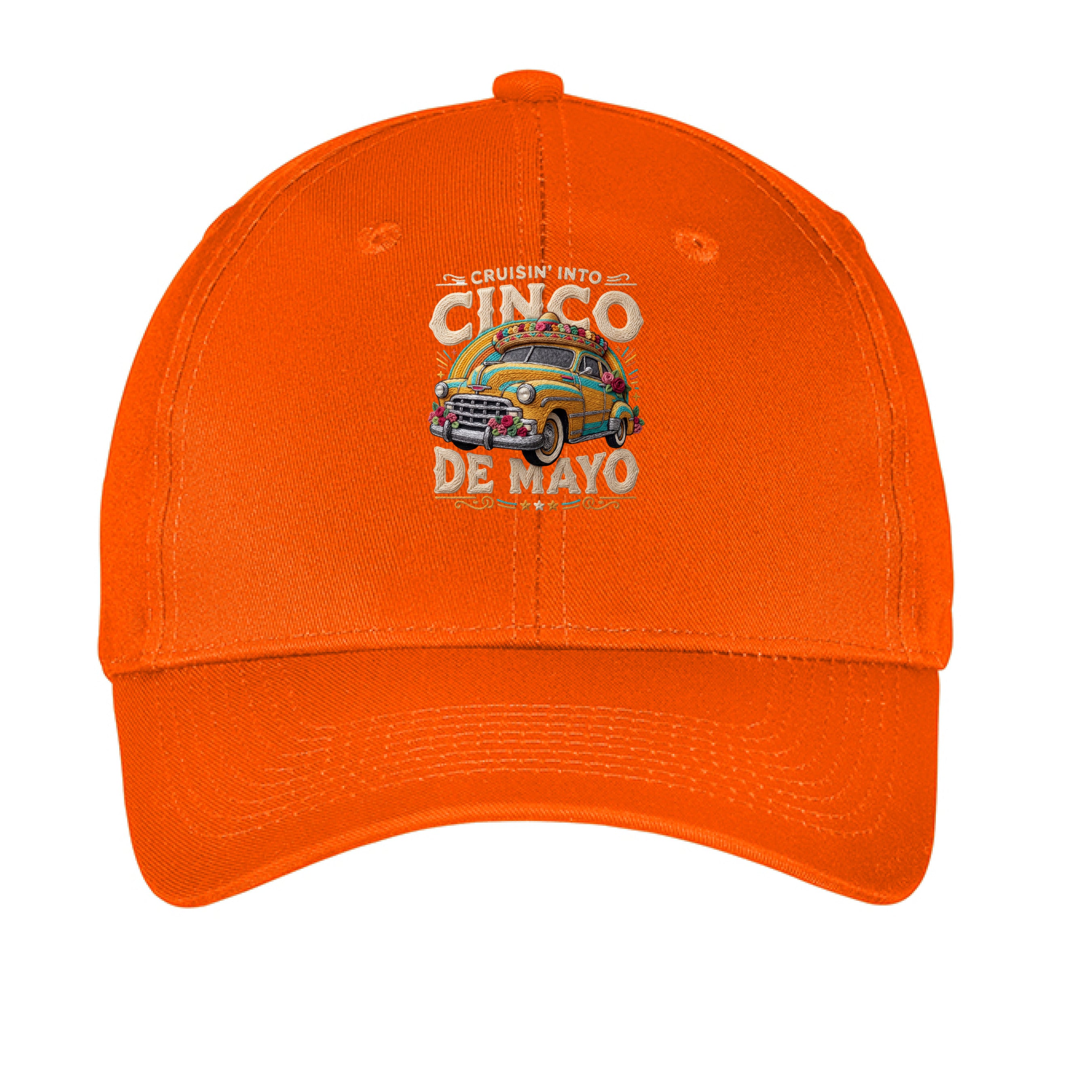 Orange cap with 'Cinco de Mayo' design on a white background