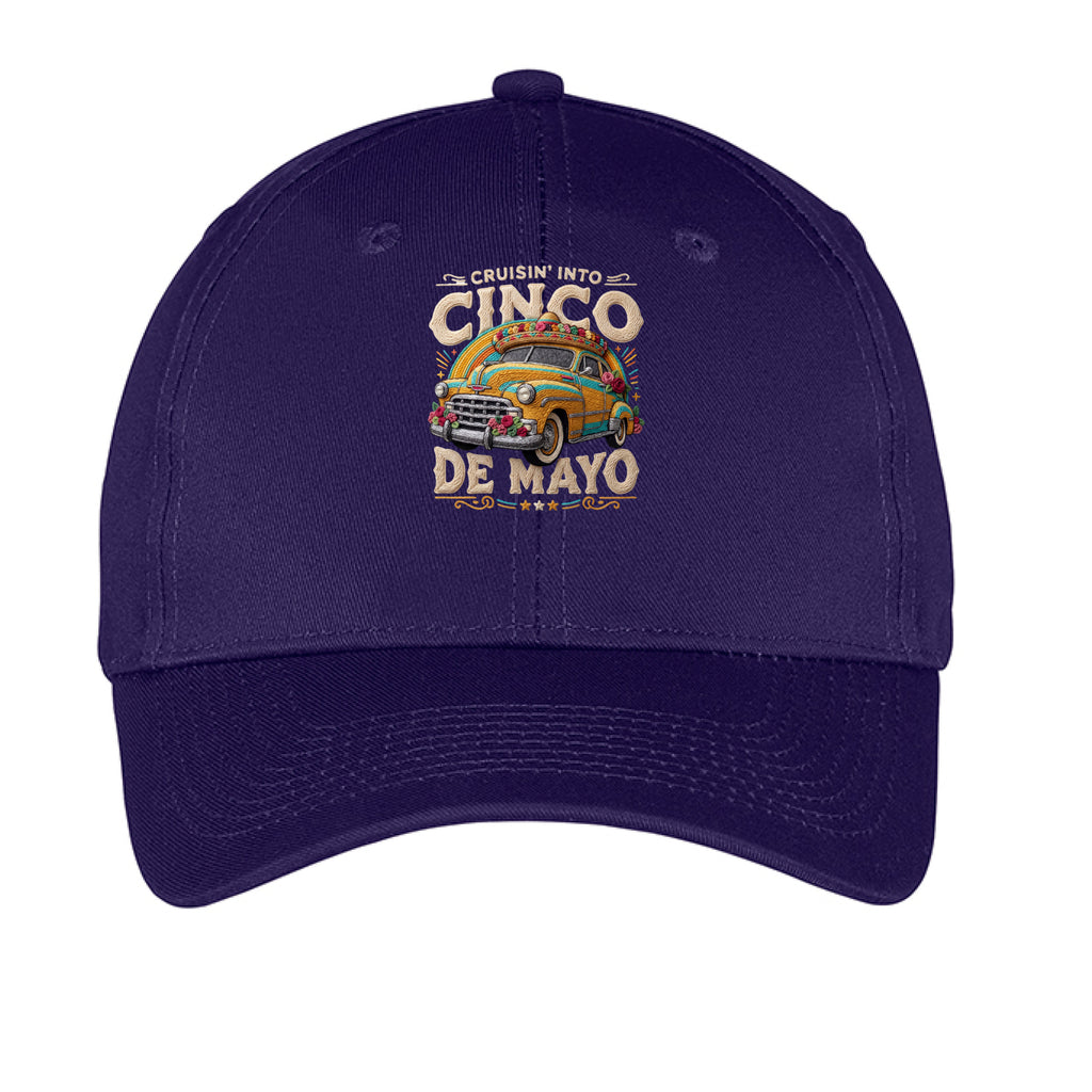 Navy blue cap with 'Cinco de Mayo' graphic design on a white background