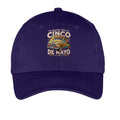 Navy blue cap with 'Cinco de Mayo' graphic design on a white background