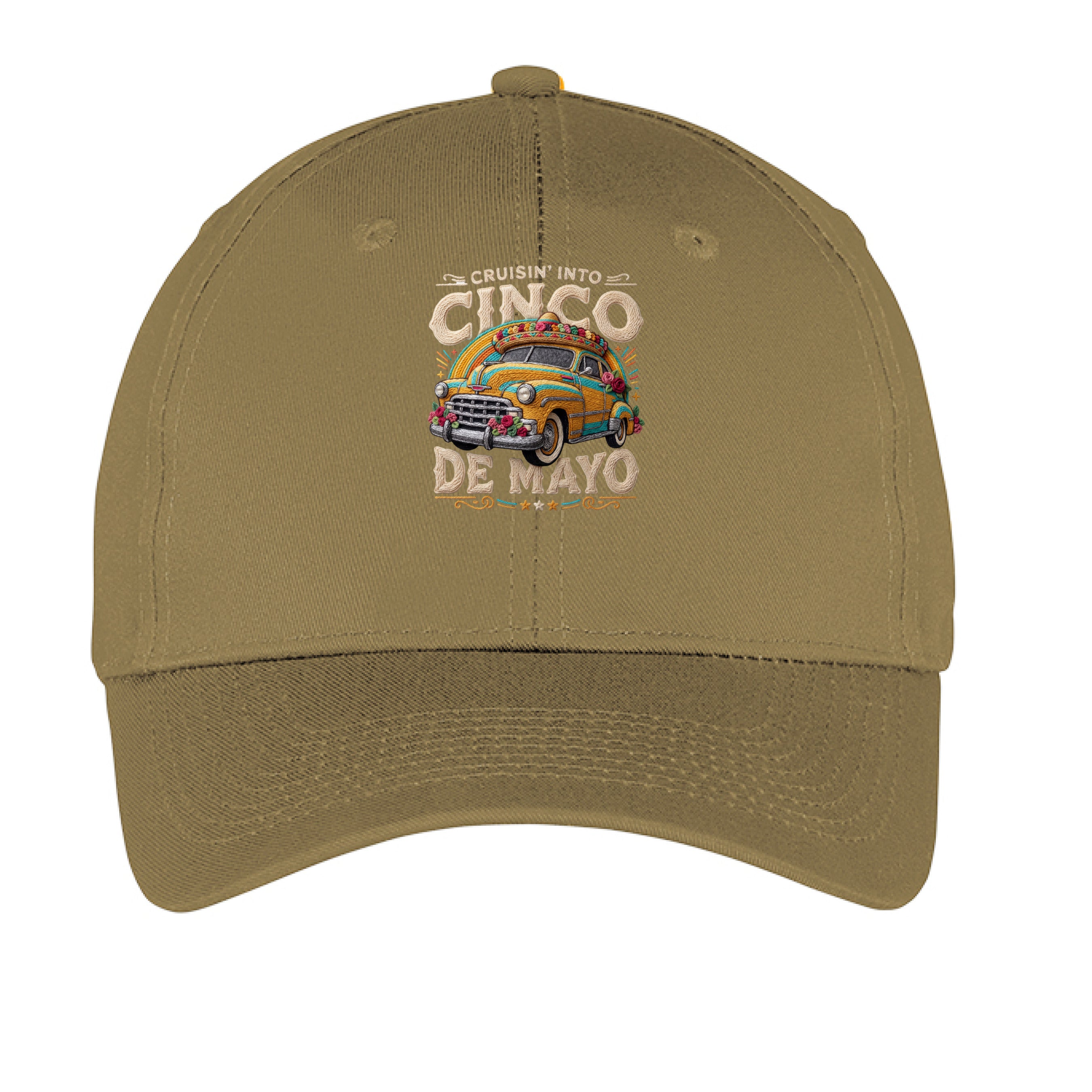 Khaki cap with a graphic design of a vintage car and text on a white background