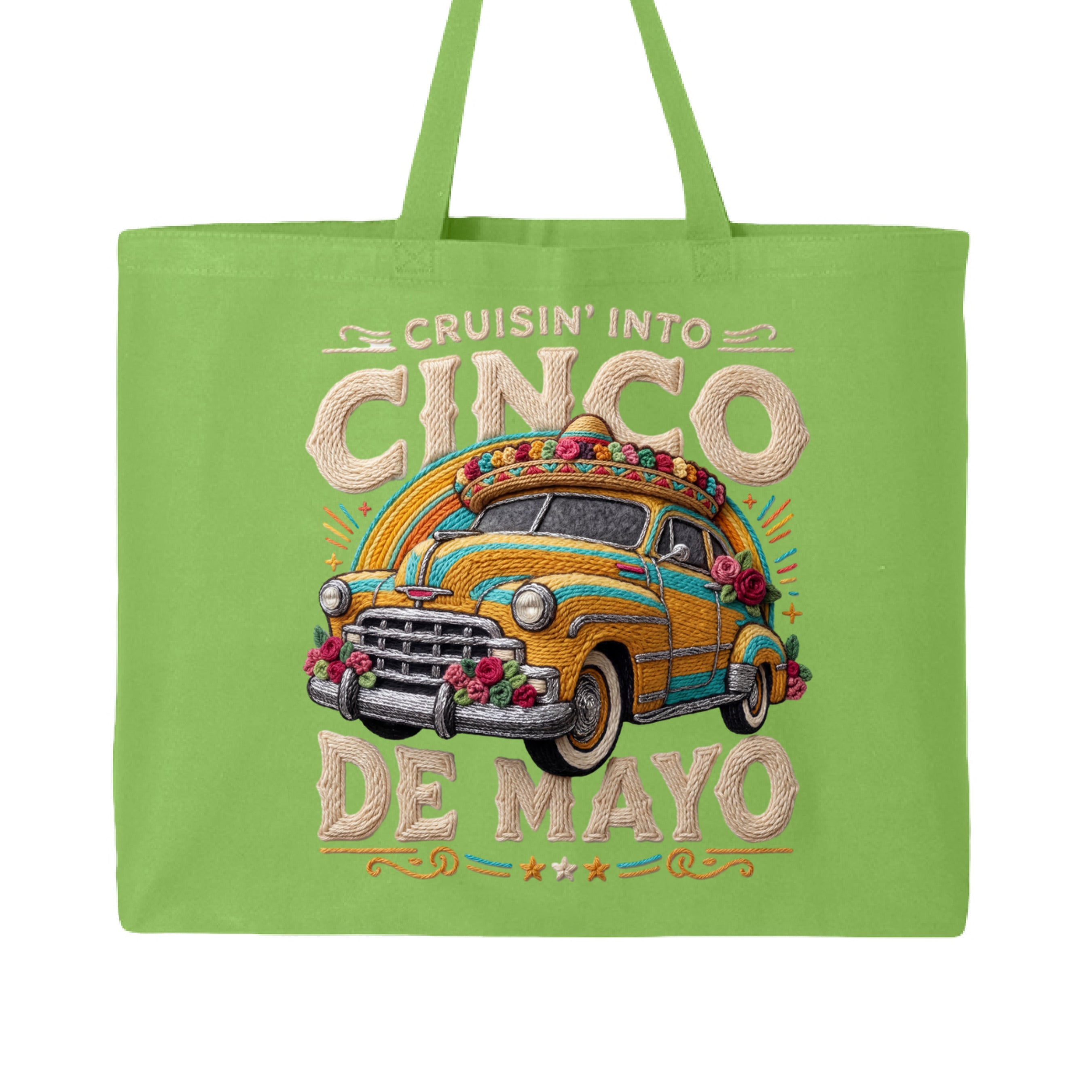 Green tote bag with a vintage car graphic and 'Cruisin' into Cinco de Mayo' text on a white background