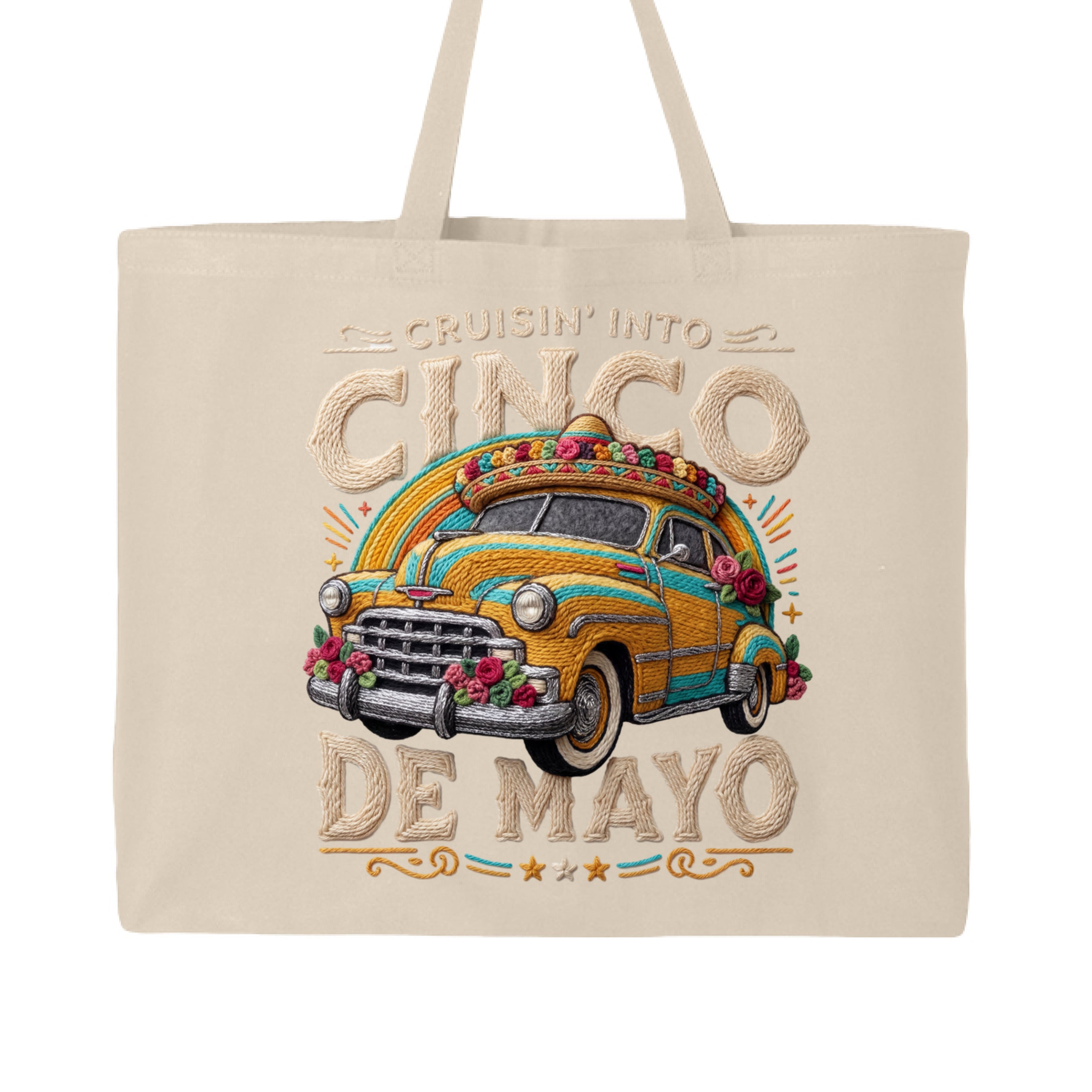 Beige tote bag with a colorful vintage car design and 'Cinco de Mayo' text on a white background