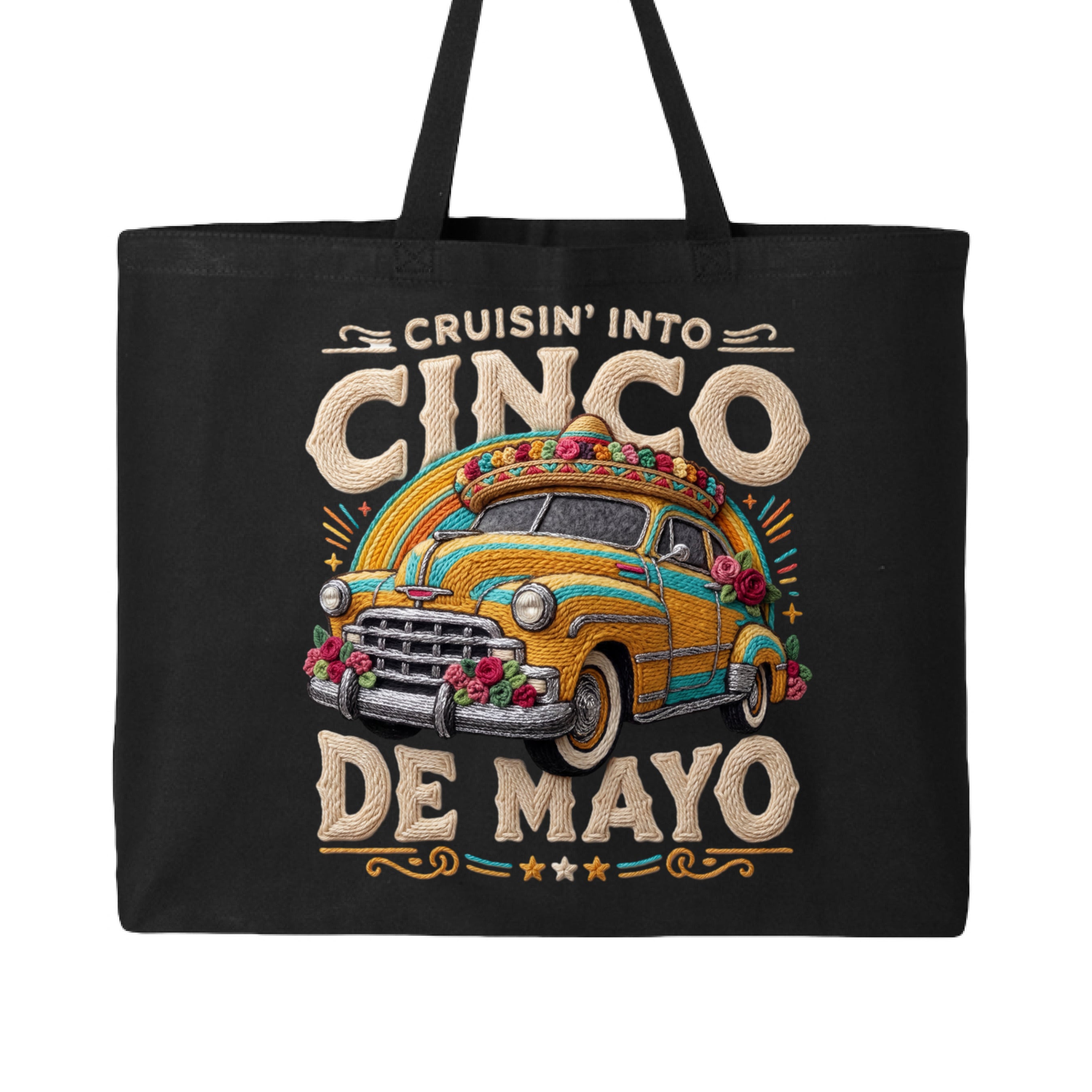 Black tote bag with a vintage car graphic and 'Cruisin' into Cinco de Mayo' text on a white background