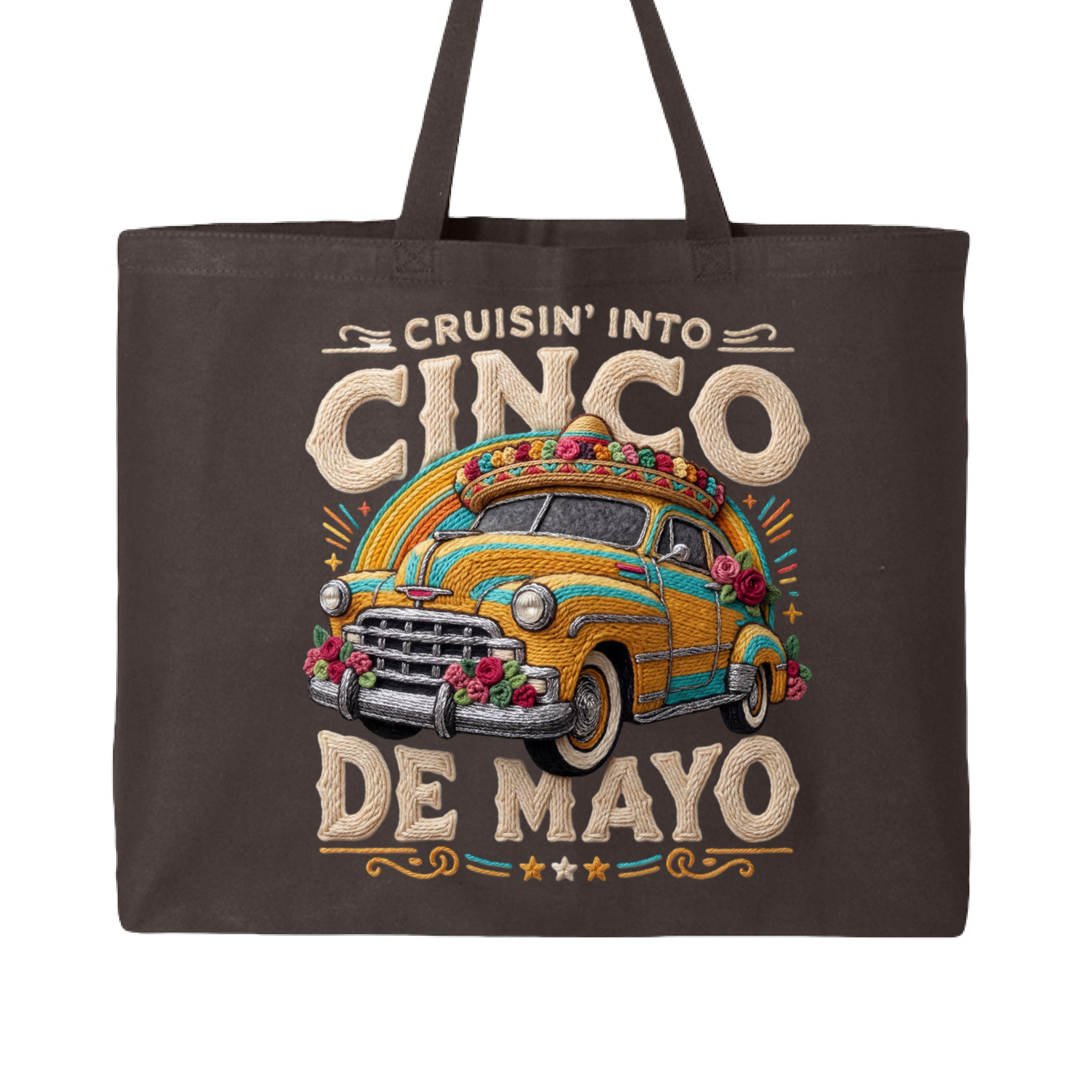 Charcoal tote bag with a vintage car graphic and 'Cinco de Mayo' text on a white background